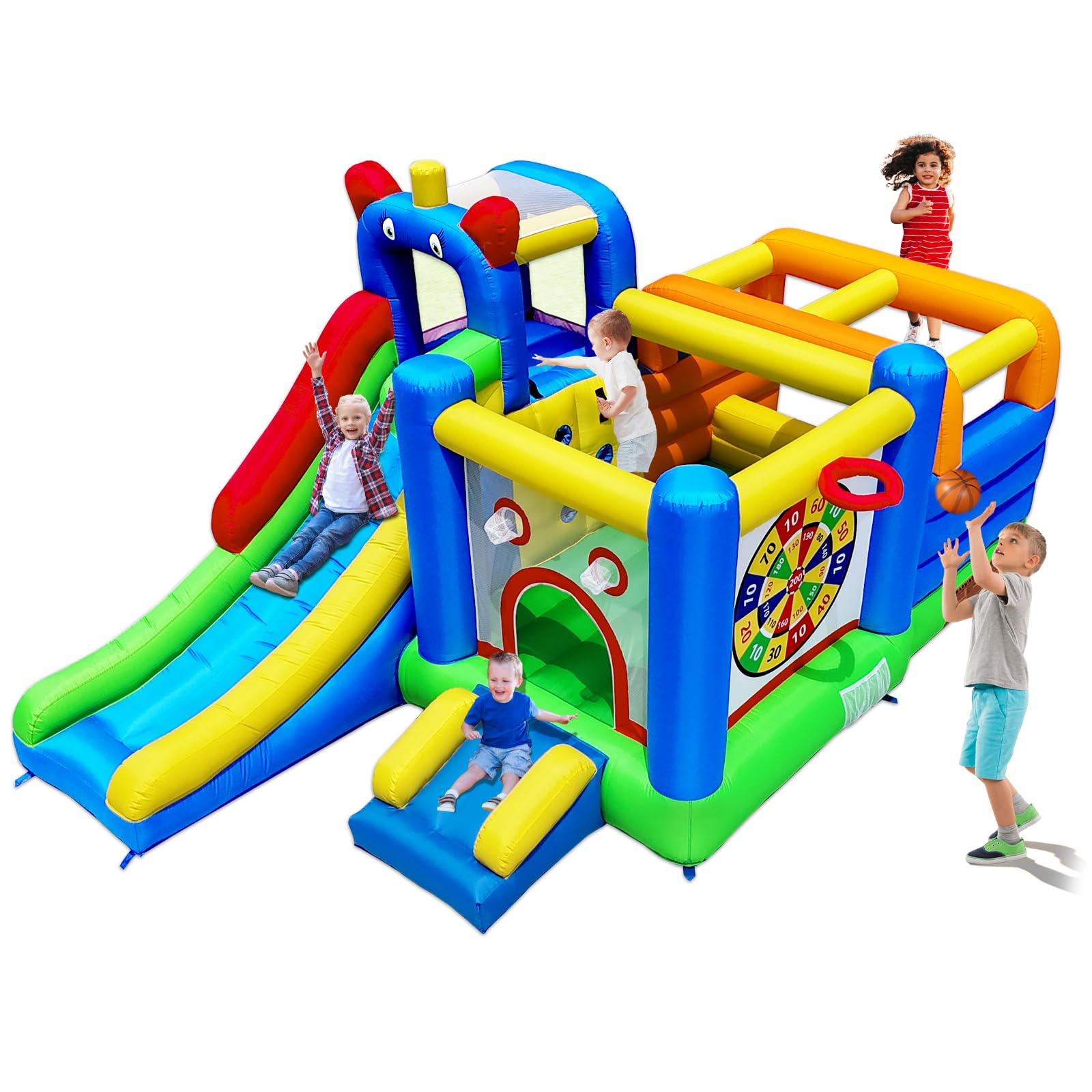 Bounce House - Inflatable Playground with Crossbar Obstacle on Large Bouncy Area, 1x Tall & 1x Small Slide, Giant Dart Board, Climbing Wall - for Indoor Outdoor Kids Party Family Gatherings