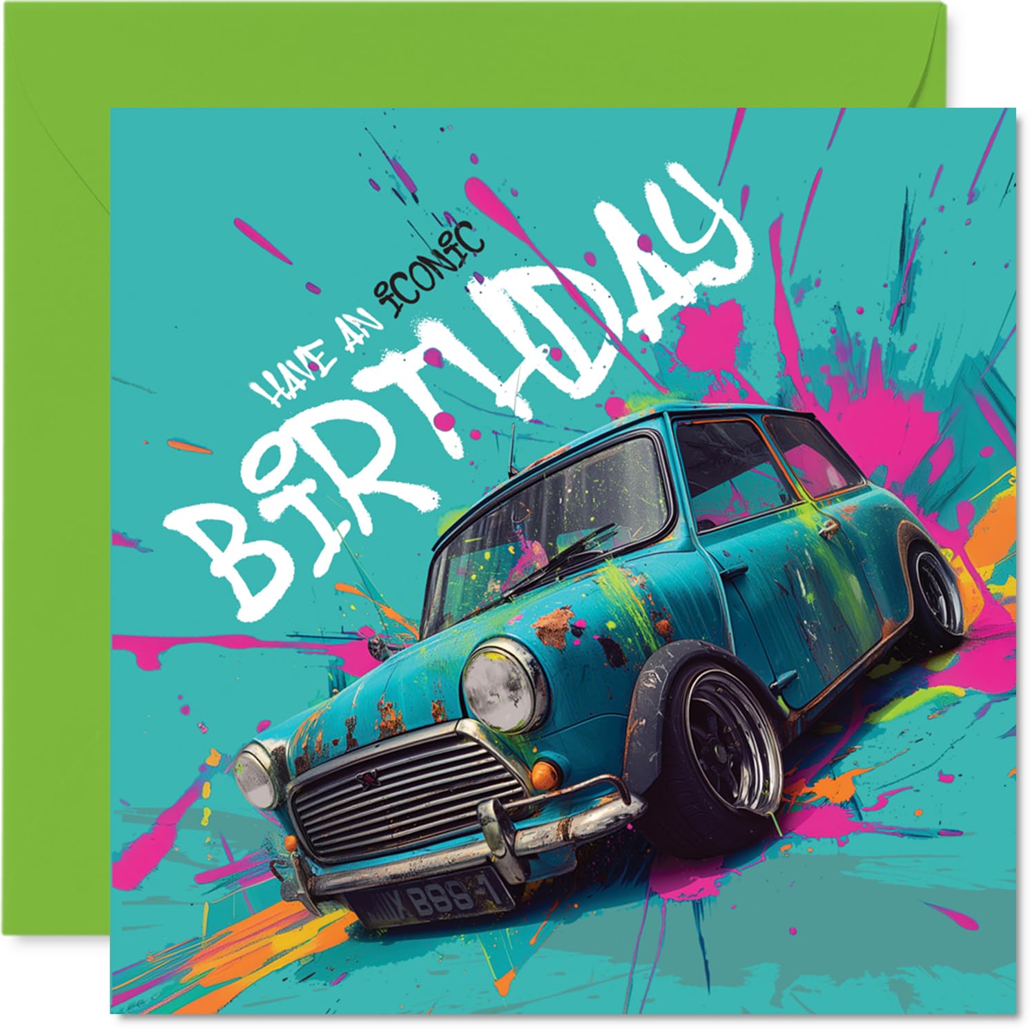 Playful Birthday Card - Classic Car Vibes - Splashy Vintage Motor Illustration in Lively Turquoise and Pink - Adds a Retro Twist to Their Big Day - 145mm Square, Envelope Included