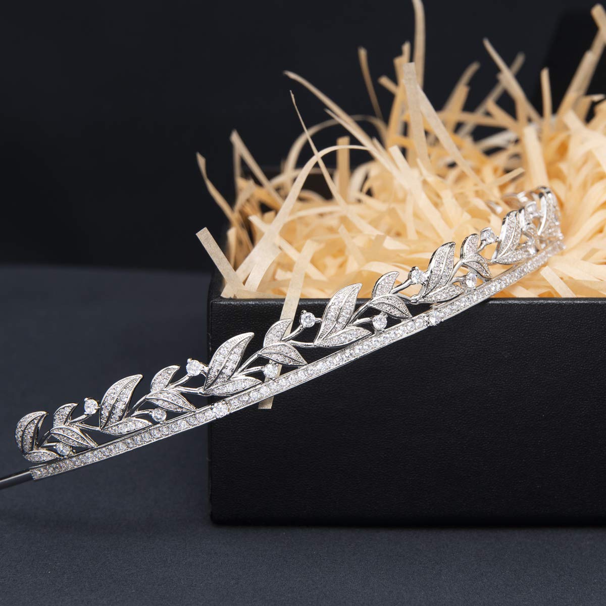 Zirkonia-Steinband für Hochzeit, Prinzessinnen-Diadem für Braut, Abschlussball, Haarschmuck in Kupfer, mit Zirkonia-Blättern, für Frauen
