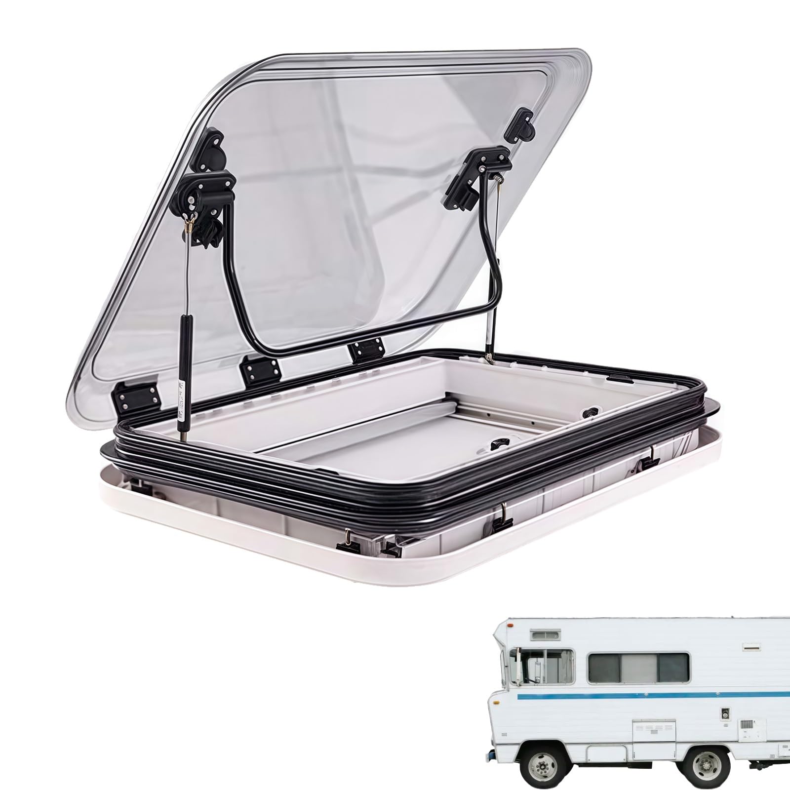 Okno dachowe RV Skylight, 500/700/800 x 500 mm Okno dachowe do kampera RV z oświetleniem LED, siatką i osłoną przeciwsłoneczną, dwuwarstwowa pokrywa akrylowa(50x50cm)