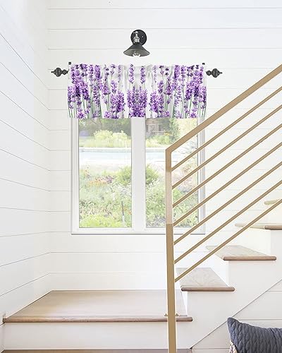 Miniatura 6 de Cortina de cenefas de lavanda púrpura pastoral para cocina, cafetería, cenefa floral de primavera de 42 x 12 pulgadas, bolsillo para barra, cortinas