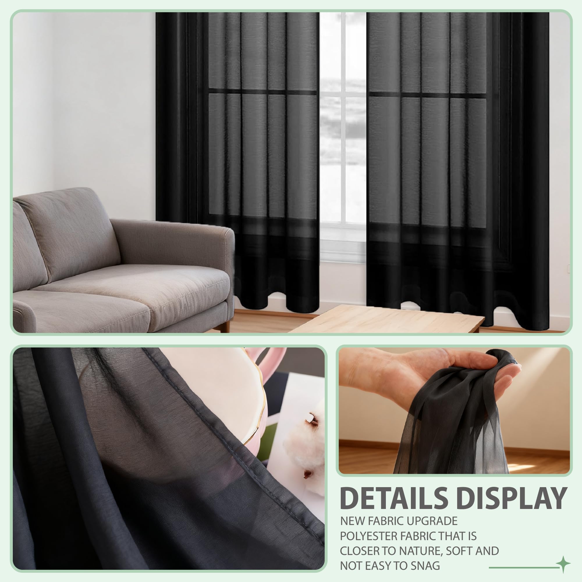 Przezroczyste Zasłony 250 x 140 cm Zwiewna Przeźroczyste Zasłony Z Woalu Elegancka,Klasyczna,Lekka Do Salonu Sypialni Lub Kuchn, Czarny