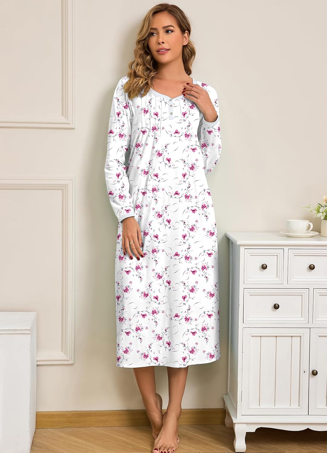 IZZY + TOBY Women's Long Sleeve Nightgown Full Length Sleepwear Long Sleepshirts Henley Sleep Dress M-3XL - Image 2