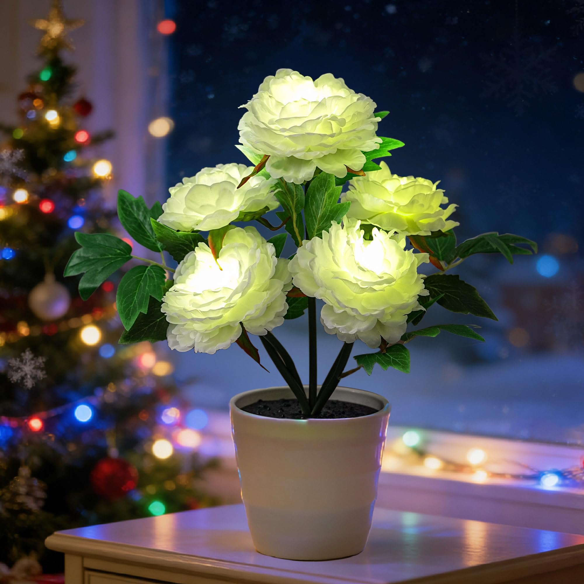 White Peony Artificial Flower Lamp, Night Light for Bedroom Wedding Bar Coffee Shop Decor, Christmas Valentines Mothers Day Anniversary Birthday Gifts for Women Mom Grandma Wife Friend