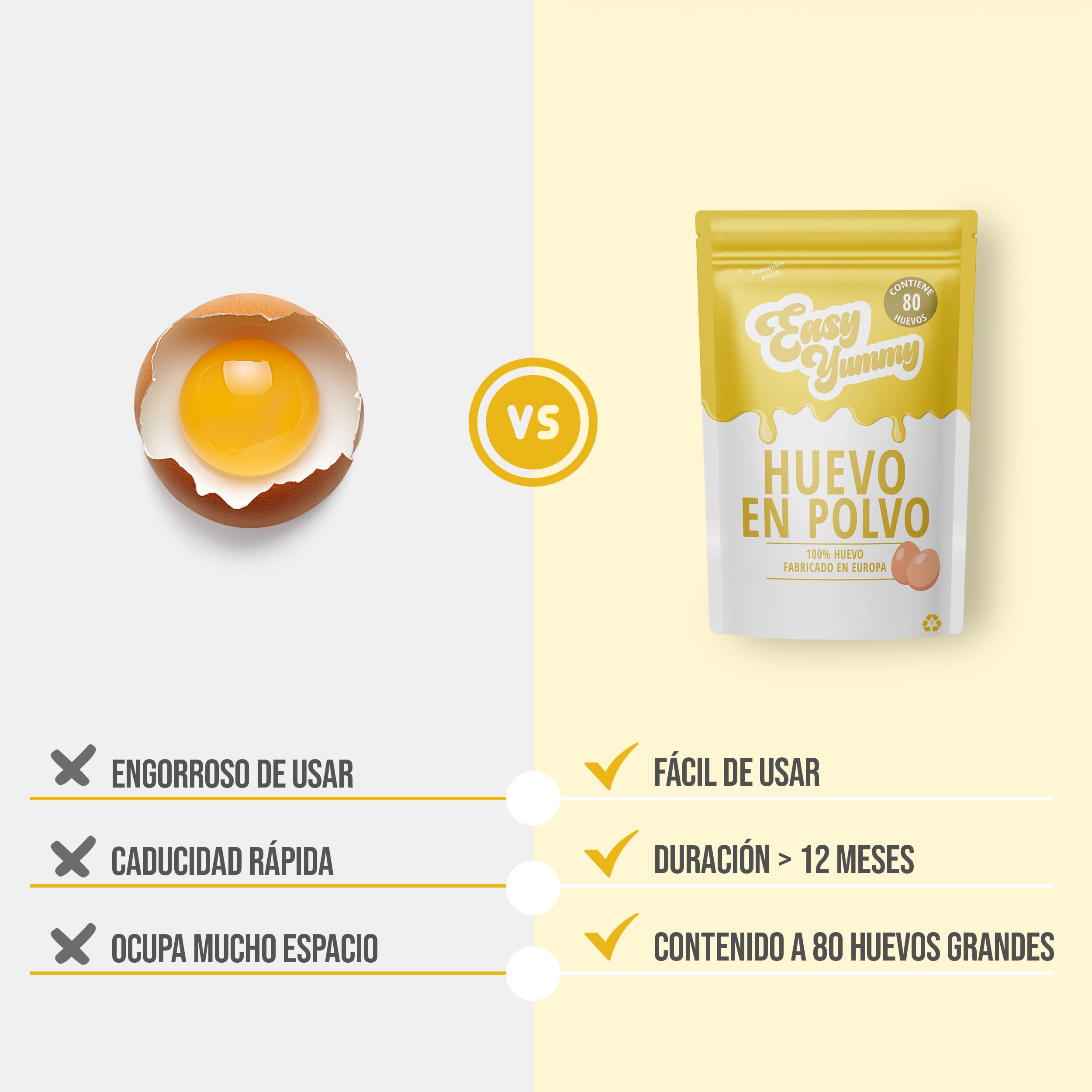EASY YUMMY - Huevo Entero En Polvo (1 Kg), Ideal Para Huevos Revueltos, Cocinar Y Hornear, 100% Huevo En Polvo