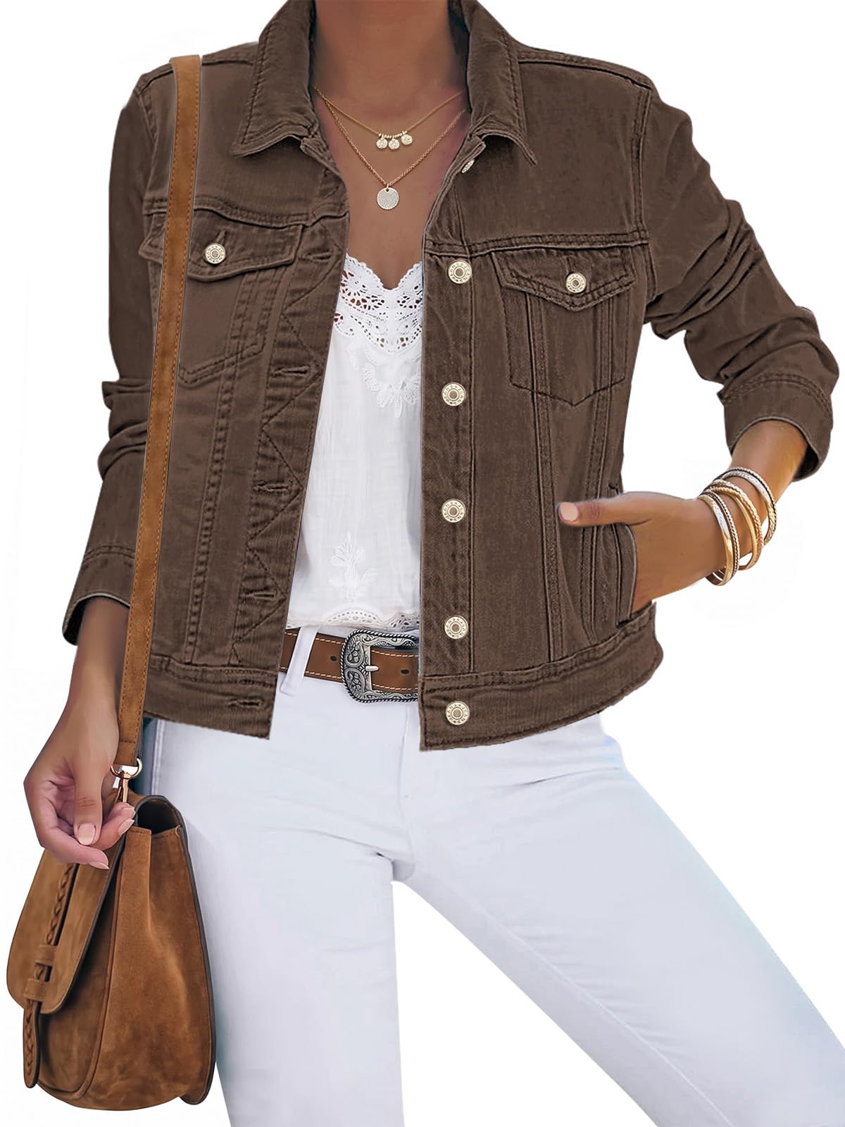 luvamia Women's Basic Button Down Stretch Fitted Long Sleeves Denim Jean Jacket
