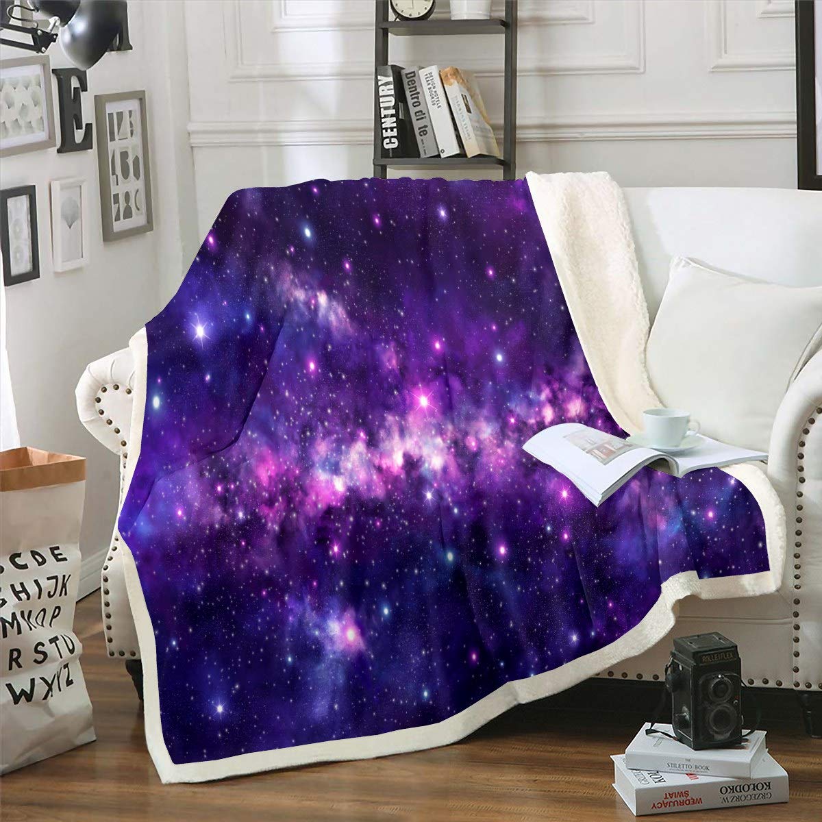 Loussiesd Galaxy Fleece Blanket Outer Space Themed Blanket Purple Starry Sky Sherpa Blanket for Couch Travel Sofa Microfiber Dreamy Glitter Plush Throw Blanket 50"x60"