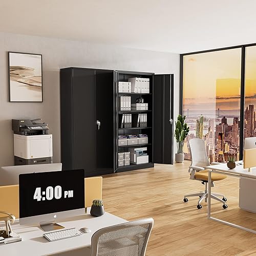 Miniatura 6 de INTERGREAT Gabinete de almacenamiento con puertas y estantes gabinete de almacenamiento de metal con cerradura y cerradura gabinete de acero negro