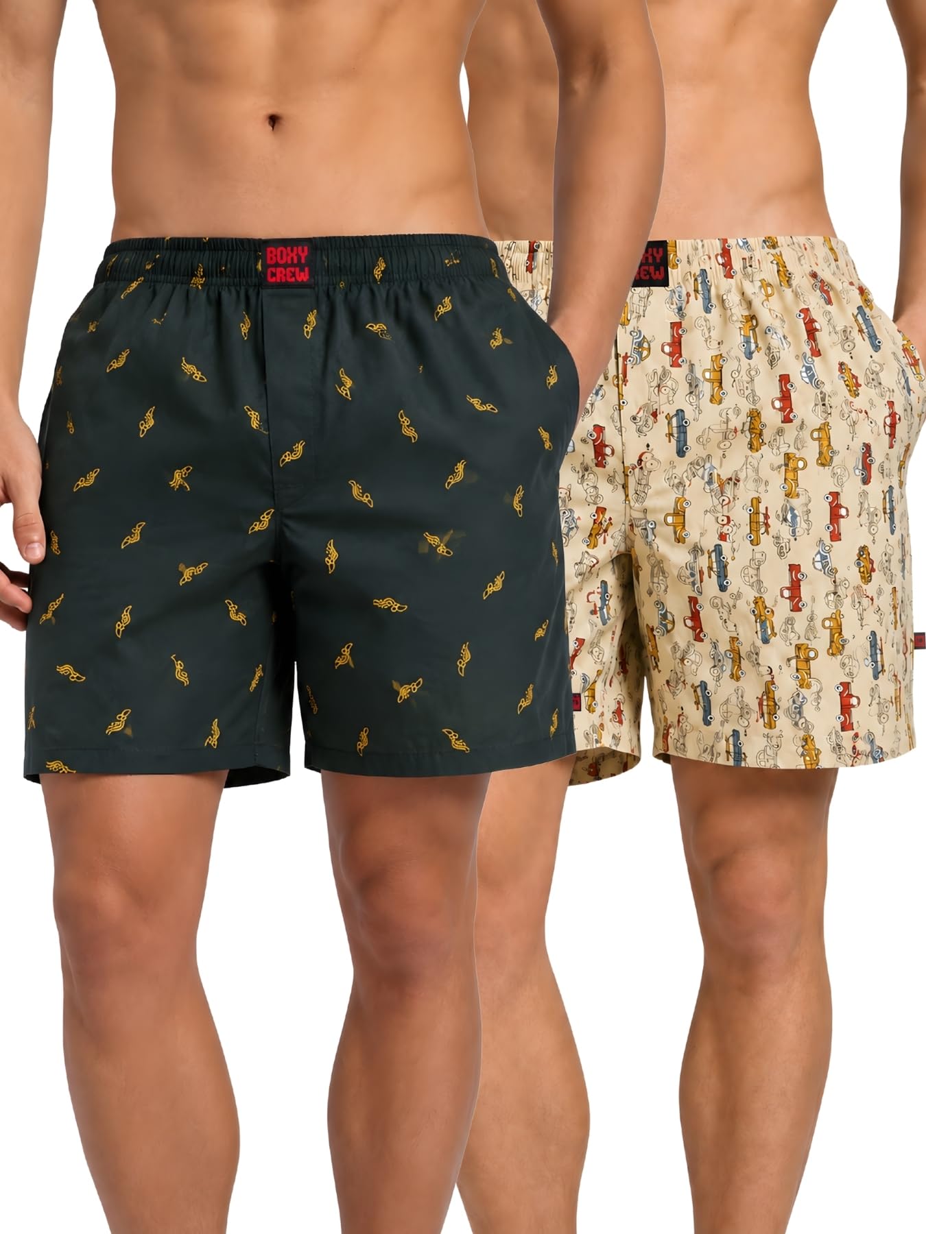 boxy crew Men Boxer Shorts Pack of 2, 100% Cotton Woven Boxers, Dark Teal & Beige, Printed Designs, Dual Side Pockets, No-Marks Inner Elastic Waistband, Relaxed Fit Lounge & Sleep Shorts-picture-56