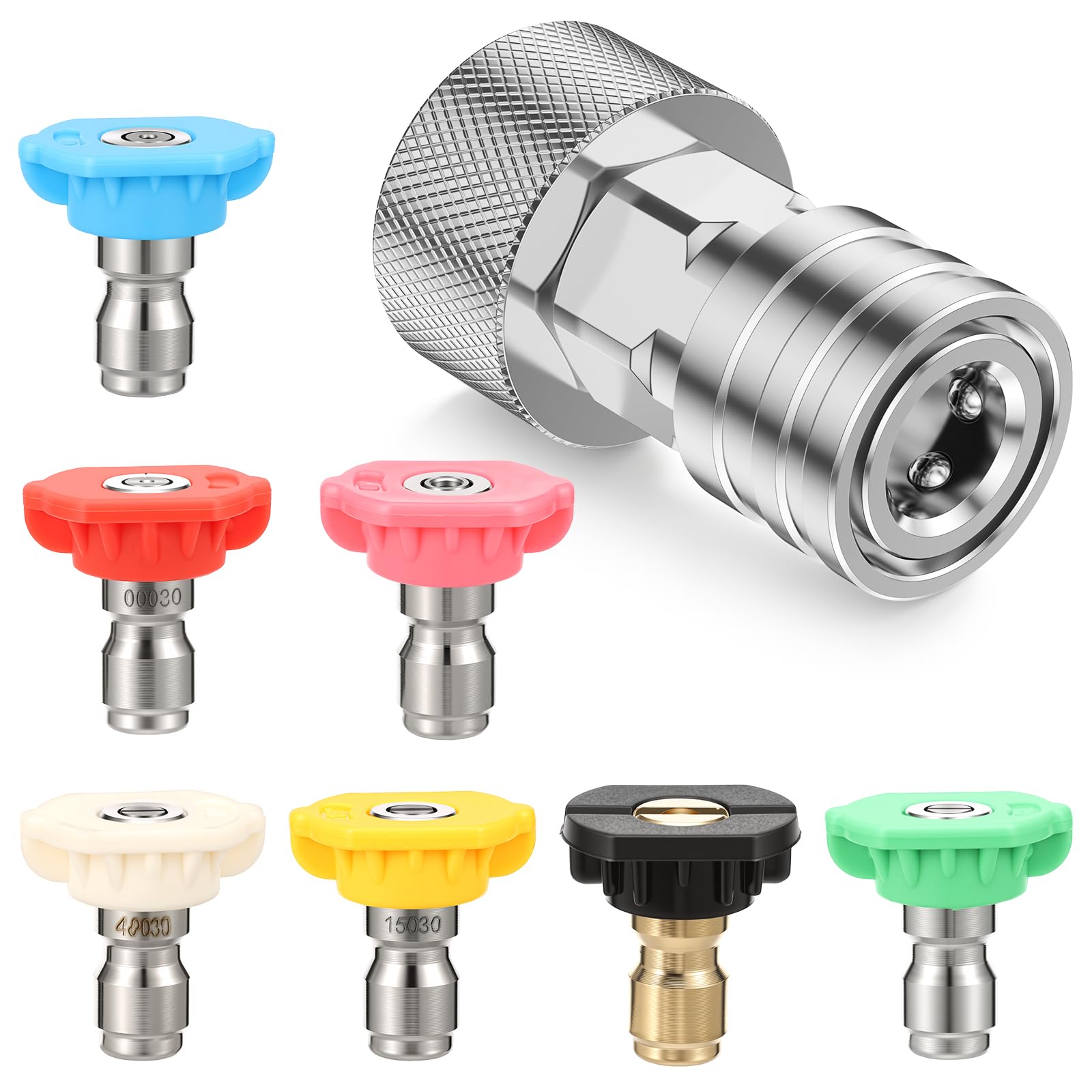 Lulobtg Women's 7 X Spray Nozzle 1 X Adapte Pressure Washer Adapter, 3/4" Ght To 1/4" Quick Connect Fitting, Premium Stainless Steel Garden Hose Connector, Heavy Duty & Leak-Proof Quick Release Fitting For Car Washing & Outdoor Cleaning