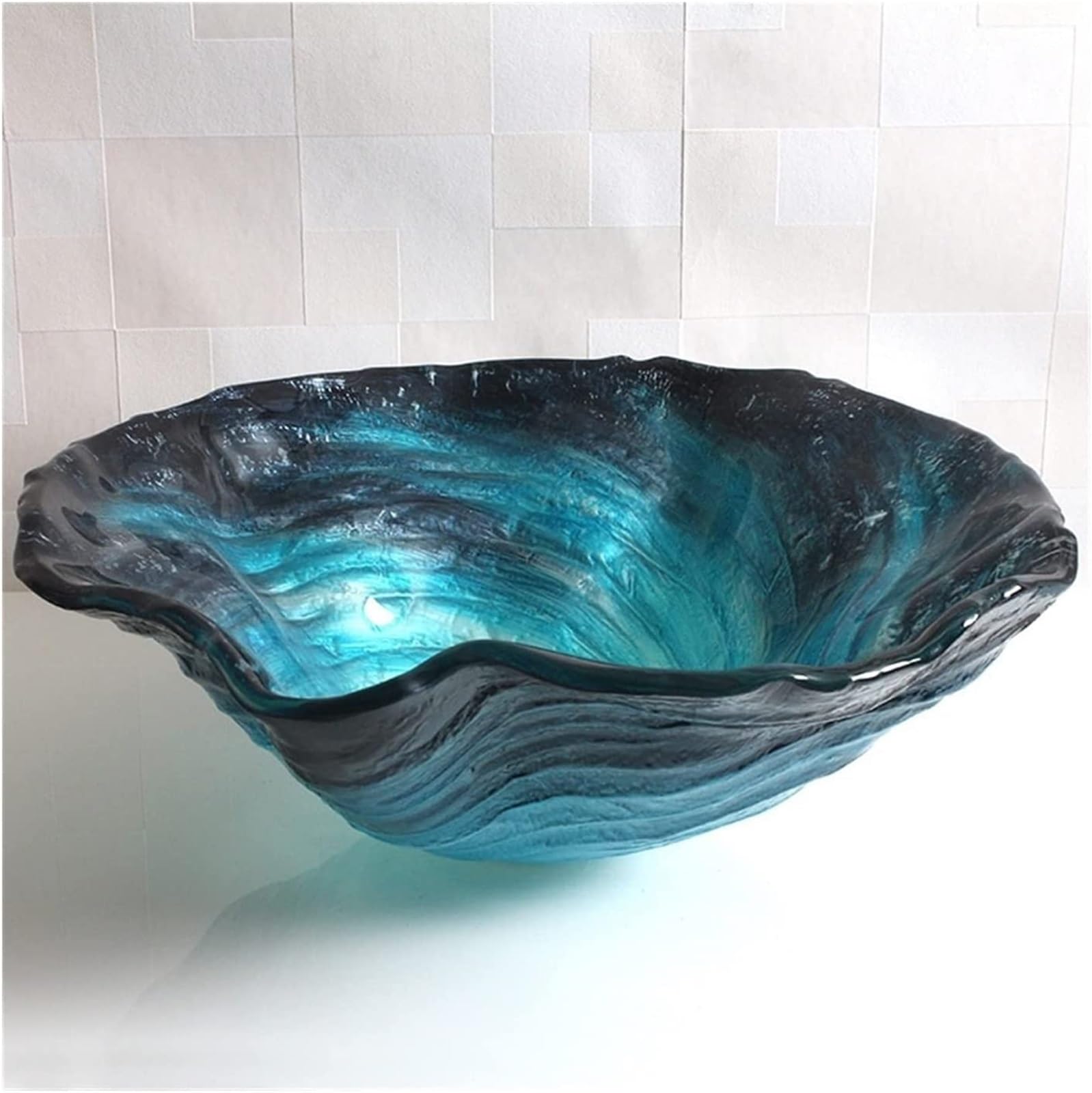 ASerZenith Bathroom Vessel Sink Ceramic Bathroom Sink Bathrooms Basin Bathroom Glass Basin Sink Blue With Black Cloakroom Counter Fluted Wave Flower Bowl Countertop Sink Bathroom Sink(Onlysinks)