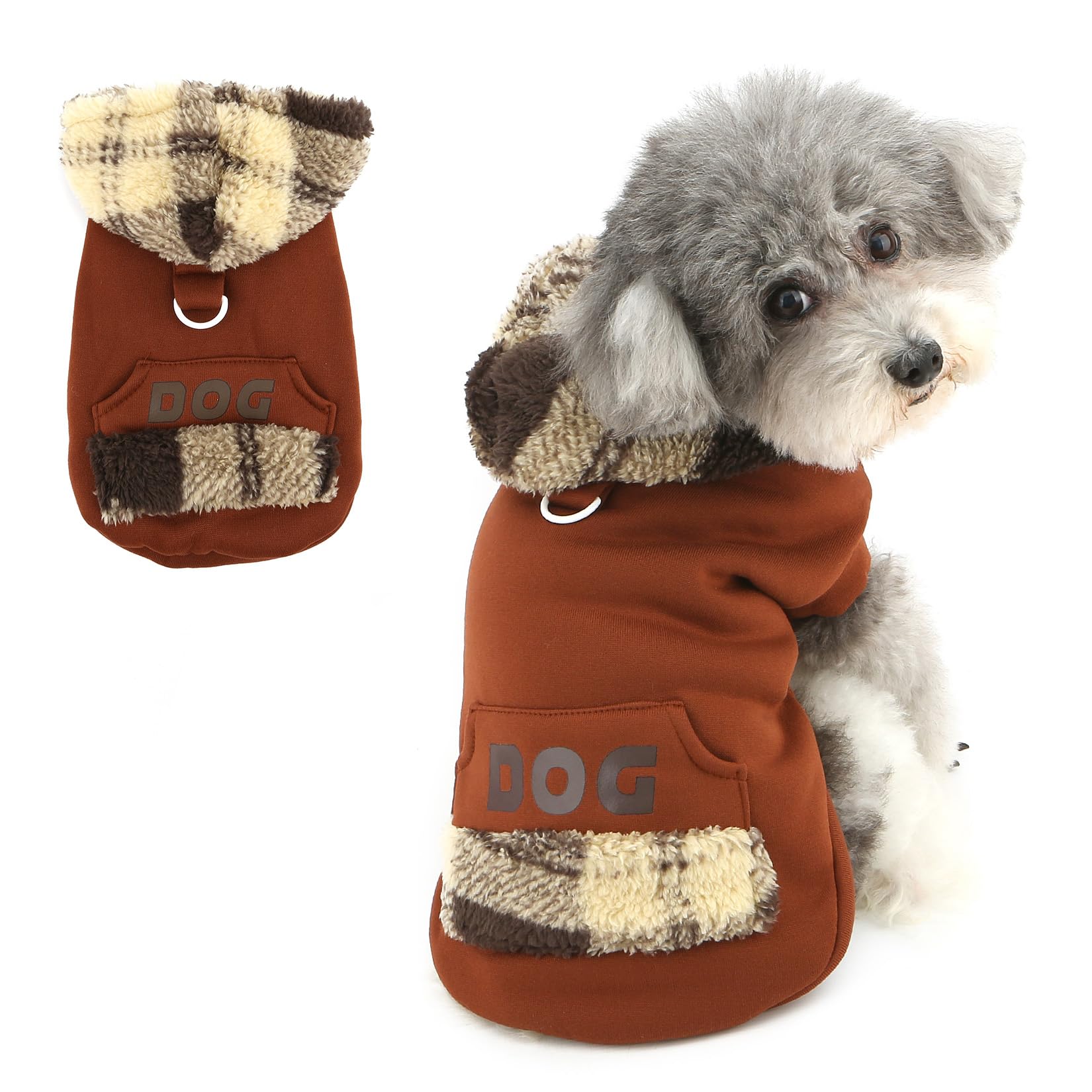 XHYRHTS Maglione in Pile per Cani con Cappuccio Scozzese Fuzzy per Razze Piccole XSmall, Caldo Pullover Senza Maniche con Anello a D e Tasca, Completo Invernale con Cappuccio per Cuccioli Gattini