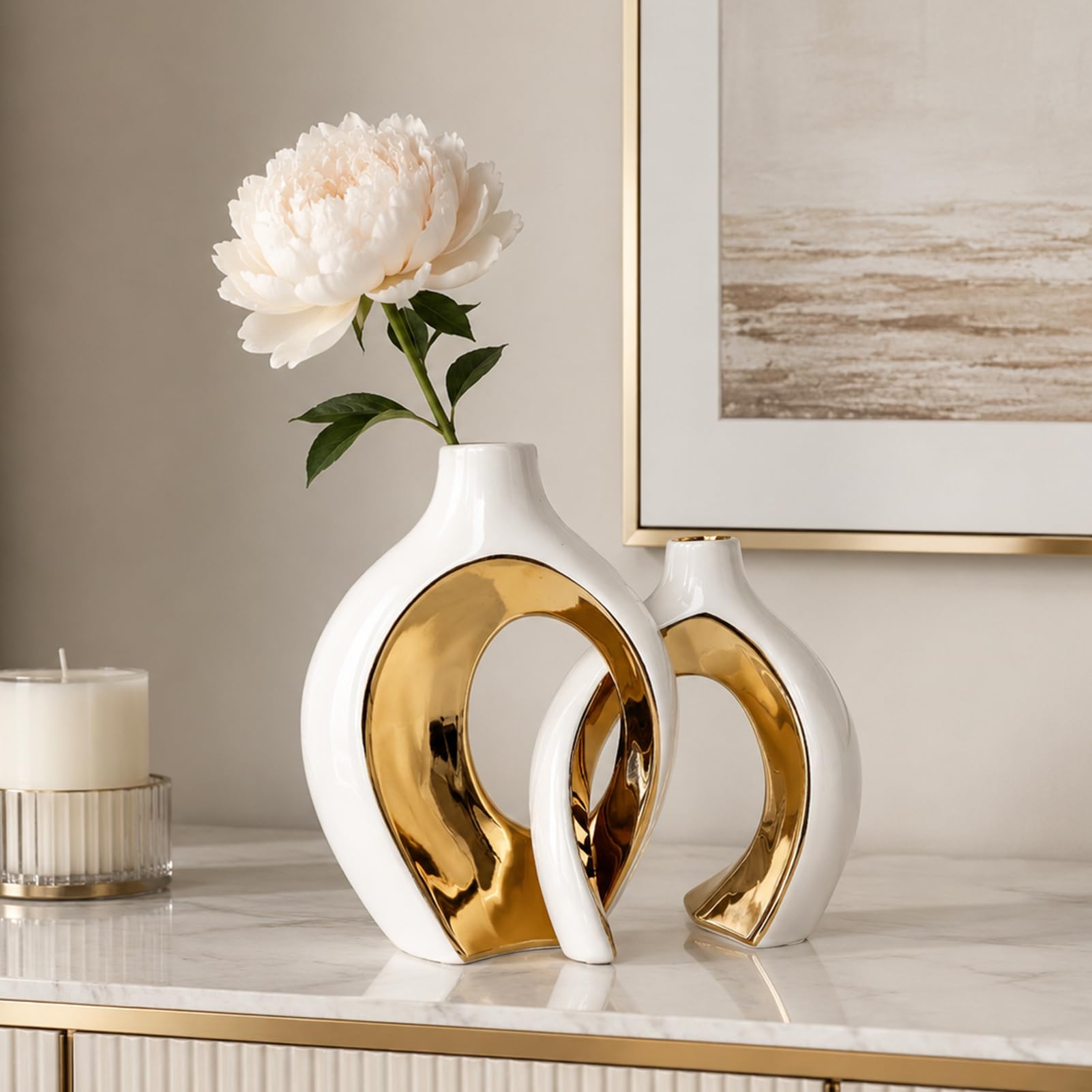 Vase céramique Lot de 2 Blanc et doré,Vase déco Moderne Maison Salon Table | Pour pampa et fleurs séchées, centre de table moderne, décoration mariage, fête et entrée