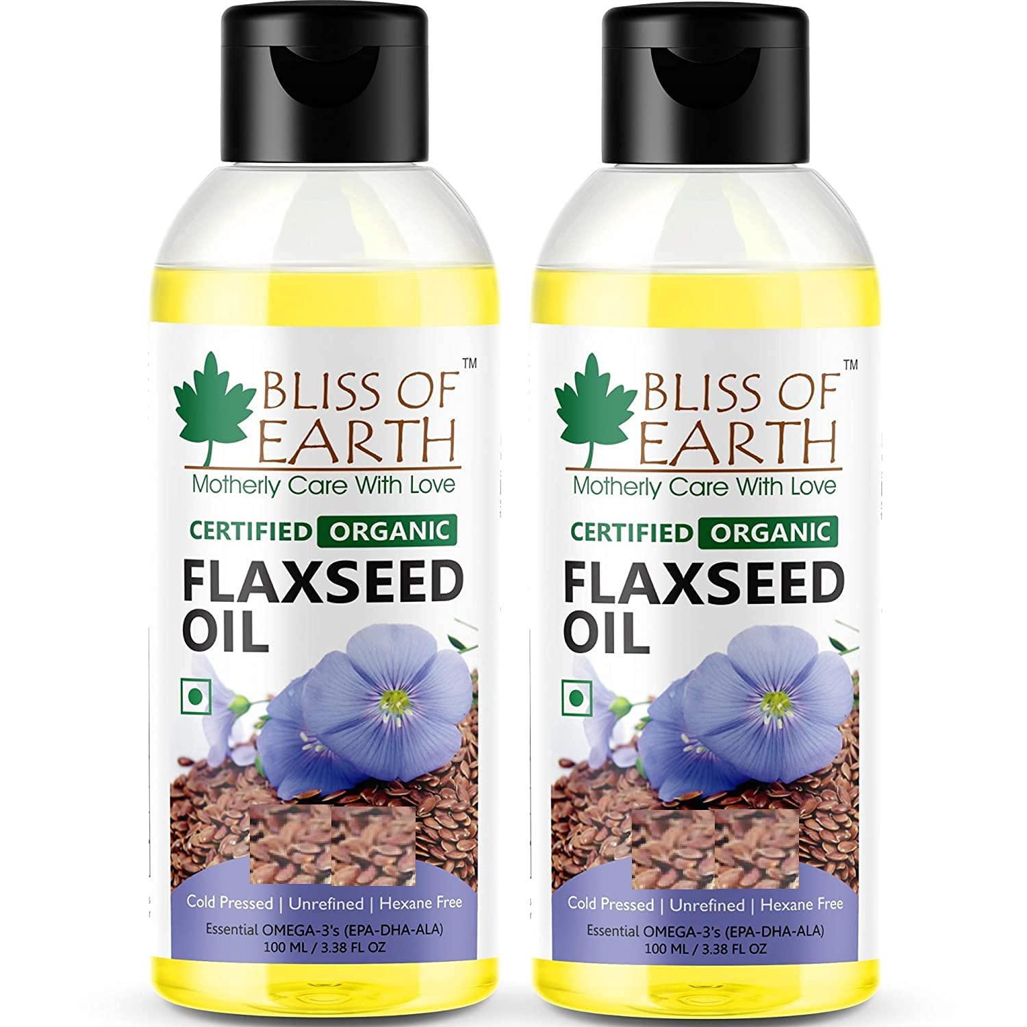 BLISS OF EARTHFlaxseed Oil for Cooking, Cold Pressed Organic Oil for Hair Growth, Hexane-Free for Skin Care, Oil for Heart Health & Hormonal Balance – Pack of 2 x 100ml