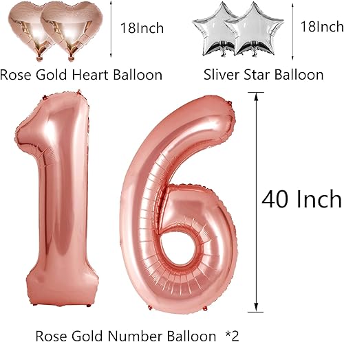 Miniatura 2 de Globos de oro rosa de 40 pulgadas con el número 16 | Globos de papel de aluminio para cumpleaños de 16 años para niños y niñas | Globo gigante
