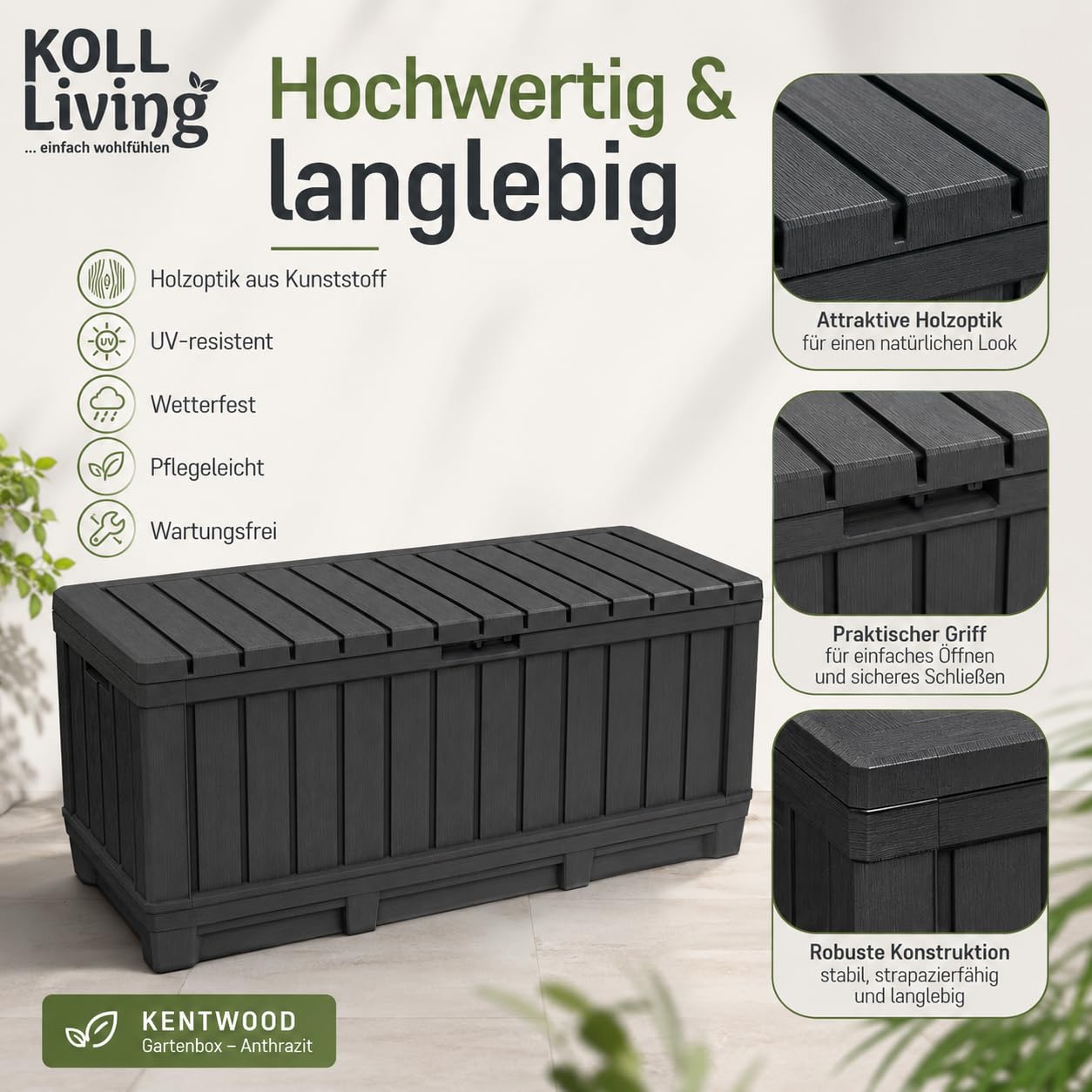 Koll Living Kentwood - Scatola da giardino da 350 litri, colore antracite, con funzione di seduta per cuscini, attrezzi da giardino o giocattoli per bambini, impermeabile e ben ventilato