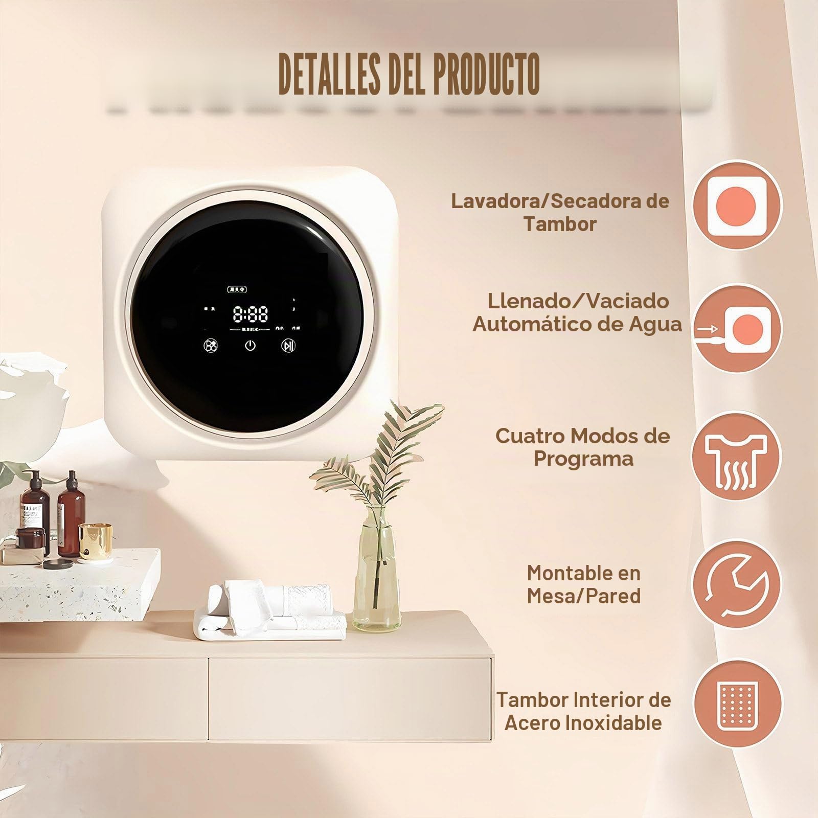Lavadora Y Secadora 2 En 1, Lavadora De Apartamento Con Tambor De Acero Inoxidable, Programa De Lavado Rápido Y Secado a Alta Temperatura, Bajo Nivel De Ruido Desktop