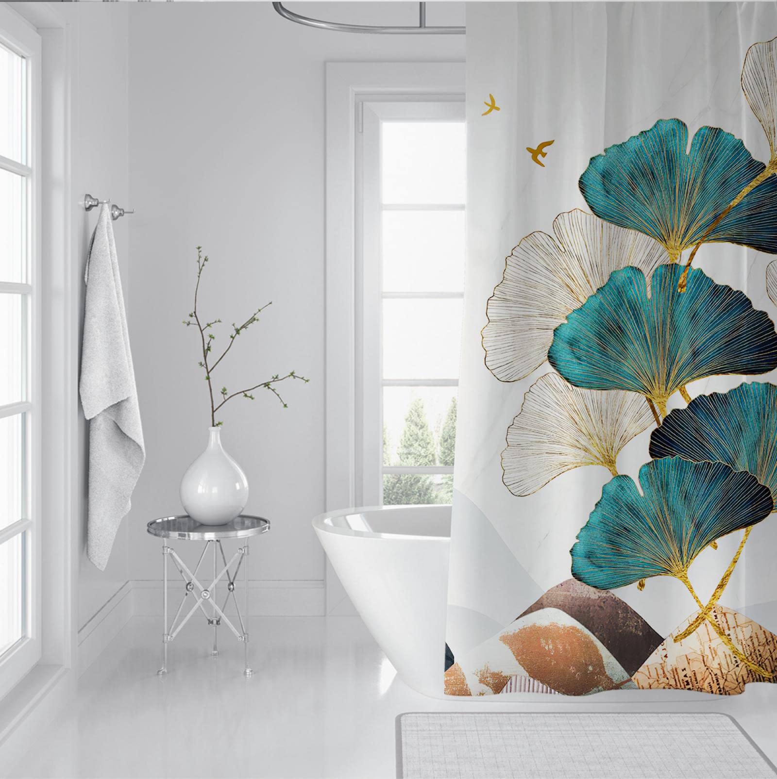 Duschvorhang Ginkgo-Blätter Aquarell – 183 X 183 Cm, Wasserdicht, Mit Haken, Modernes Badezimmer-Deko-Set