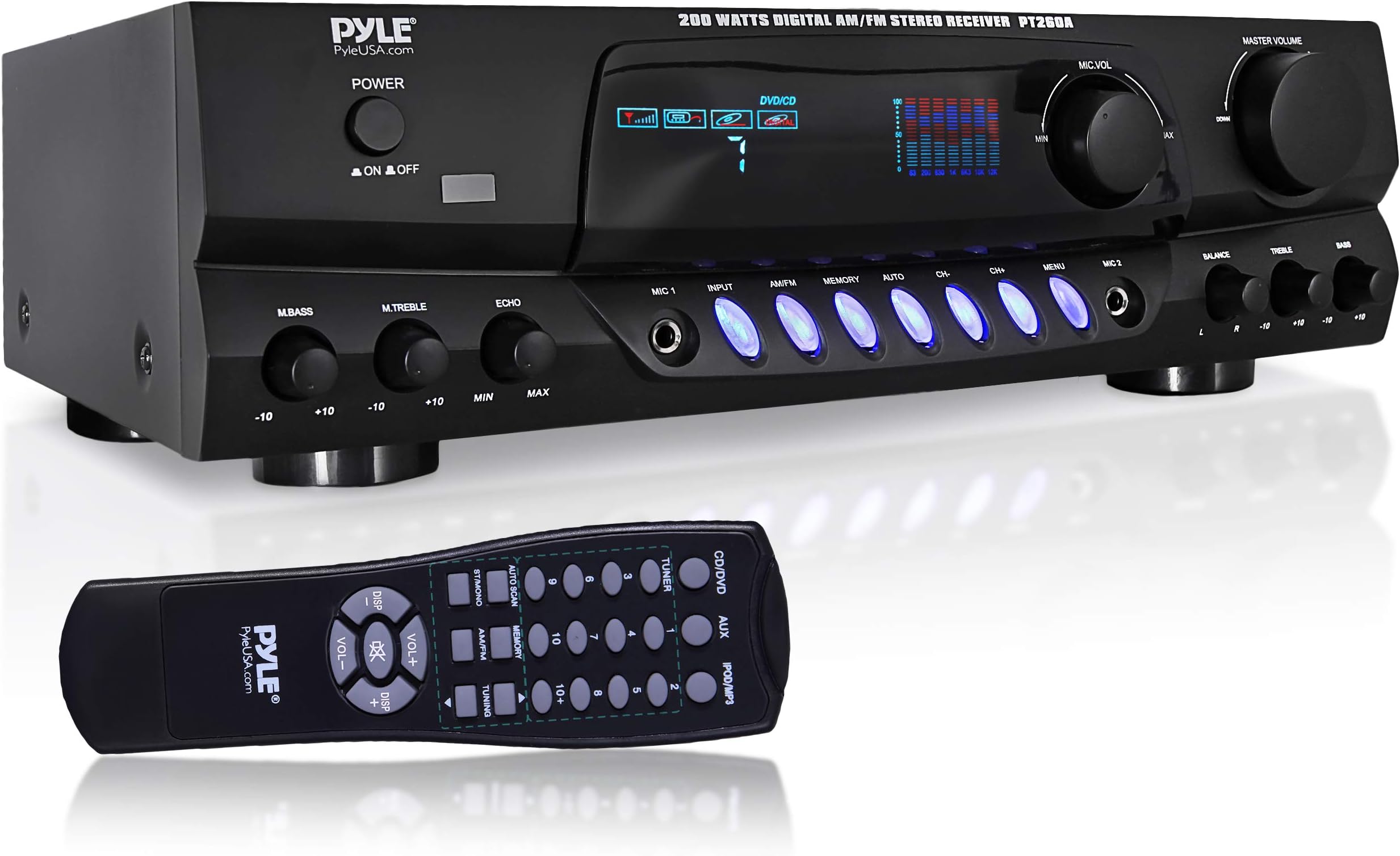 200W Home Audio Power Amplifier - Stereo Receiver w/AM FM Tuner, 2 Microphone Input w/Echo for Karaoke, Great Addition to Your Home Entertainment Speaker System - PT260A.5
