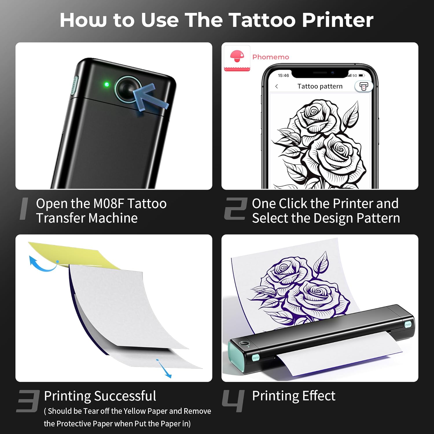 Tattoo Stencil Printer, Tattoo Printer, M08F Stencil Printer with 10 PCs Tattoo Transfer Paper, Bluetooth Stencil Printer for Tattooing Compatible with Phone & PC, with 1 Case,203DPI