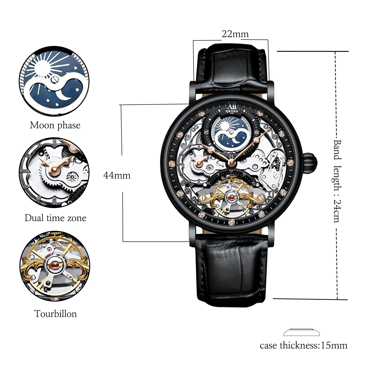 Tourbillon Herren-Armbanduhr, Mondphase, automatische Armbanduhr, modisch, Business, Luxus-Skelett, Herren-Armbanduhr, Dual-Zeit-Selbstaufzug, Lederband, Schwarz , Riemen