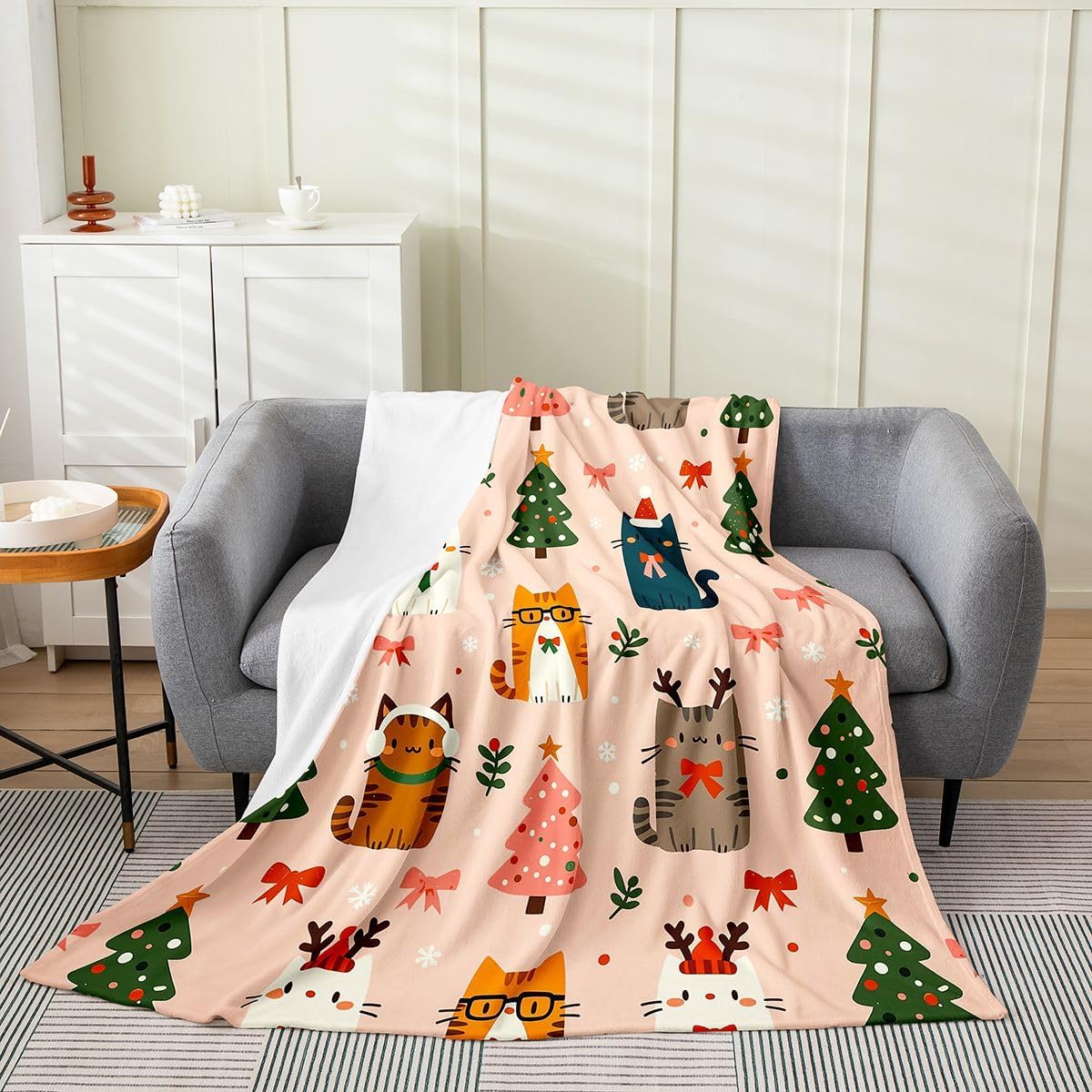 Castle Fairy Xmas Tree Flannel Blankets,Kawaii Cats Fleece Blanket,Merry Christmas Theme Kids Girls Boys Adult Blankets,Light Pink Sherpa Blanket Chair Sofa Bed Decor,30"×40" image 3