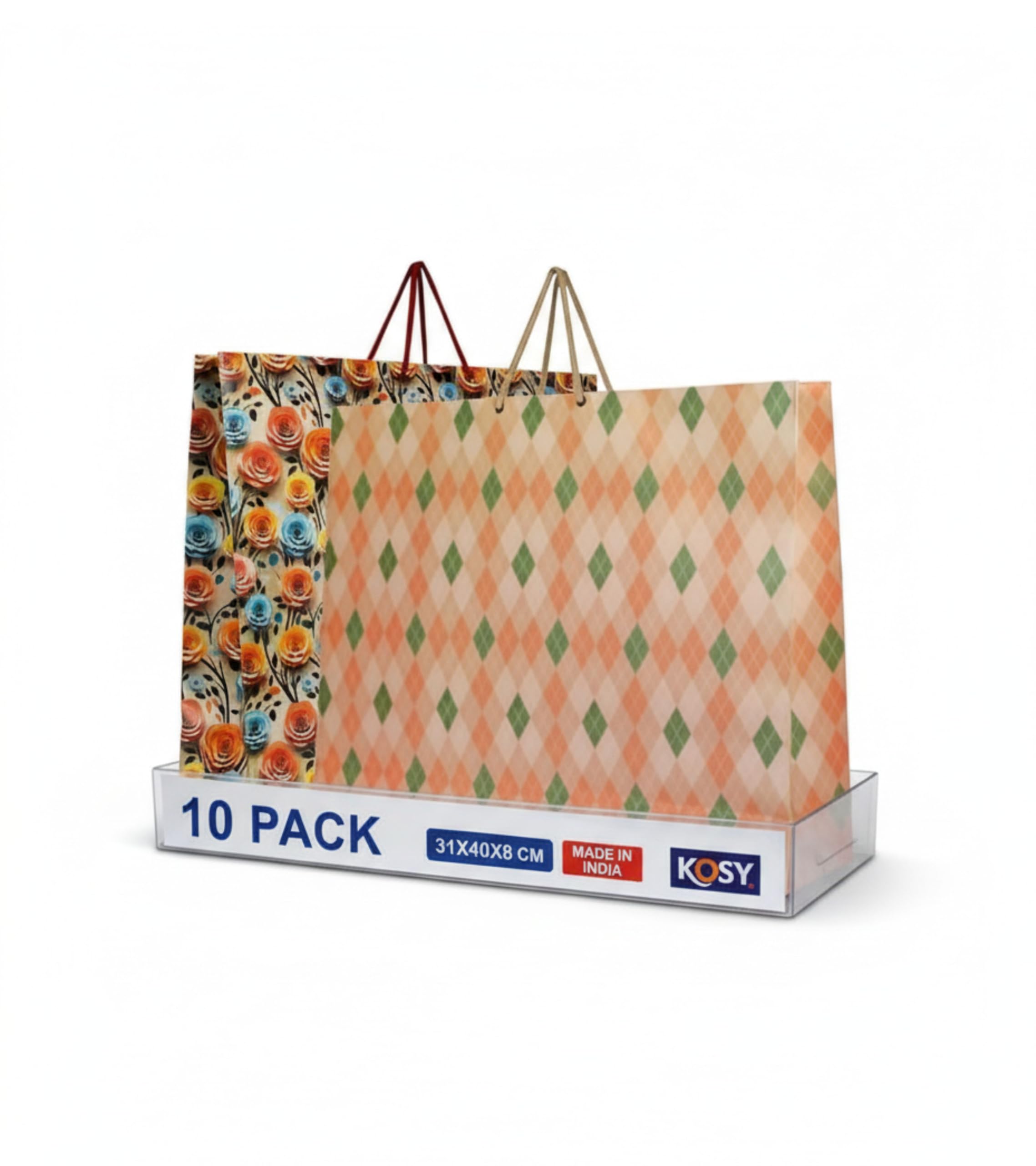 KOSY Paper Gift Bag for Gifting Eco Friendly Reusable Printed Paper Carry Bag with 3D Rose and Burfi Check Designer Pattern Durable Lightweight Large Size for Chocolates Jewelry Accessories Pack of 10