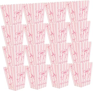 KICHOUSE 30 Piezas Cajas de Palomitas con Lazo Rosa y Rayas Unidades Bolsas de Papel para Palomitas y Snacks para Fiestas Showers y Noches de Cine
