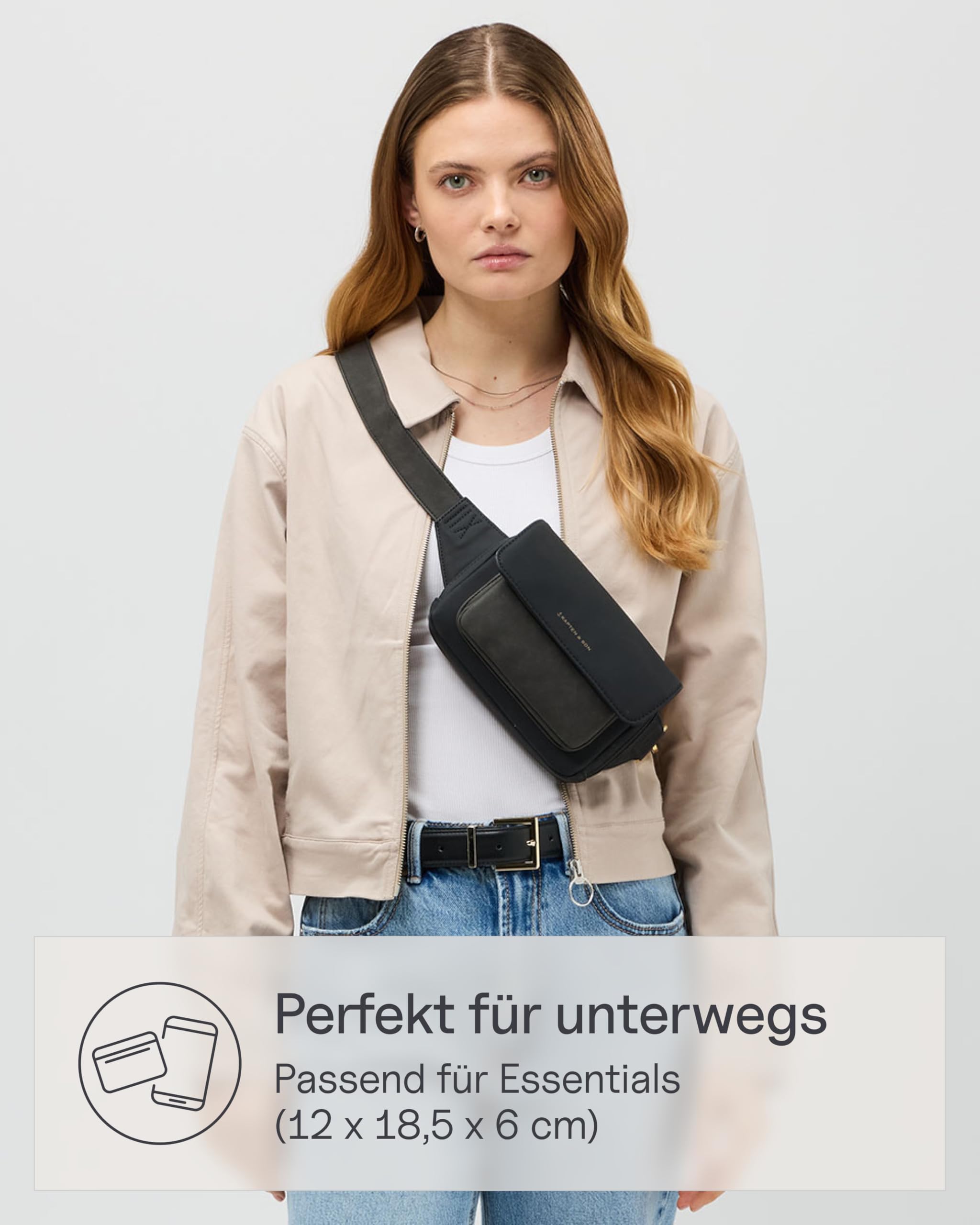 Kapten & Son Bauchtasche Damen Schwarz Visby 1,2 L | Umhängetasche Damen | Innen- & Außenfach mit Reißverschluss | Crossbody Bag | längenverstellbarer Gurt | ideal für Reisen, Alltag, City