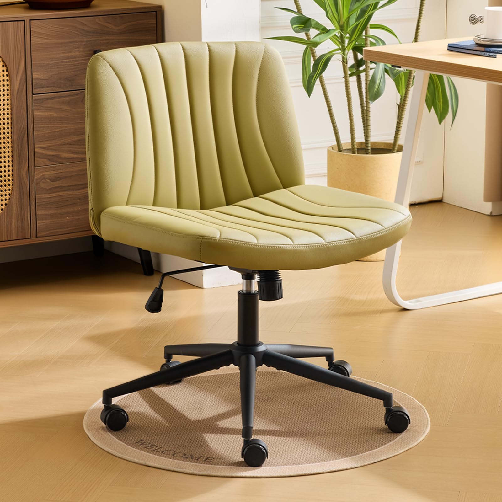 Bonnlo Criss Cross Legged Thick Padded Armless Comfy Office Desk Chair with Dual-Purpose Base,Adjustable Swivel Modern Vanity Chair,Rolling for Home Office, Computer,Task,Makeup, PU, Green