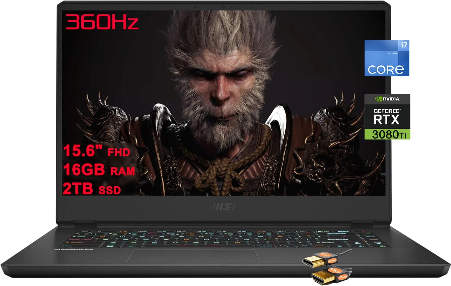 MSIVector GP66 Gaming Laptop 15.6" FHD 360Hz (100% sRGB) Intel 10-core i7-12650H 16GB RAM 2TB SSD GeForce RTX 3080 Ti 16GB Graphic RGB Backlit USB-C Nahimic Win11 Black + HDMI Cable