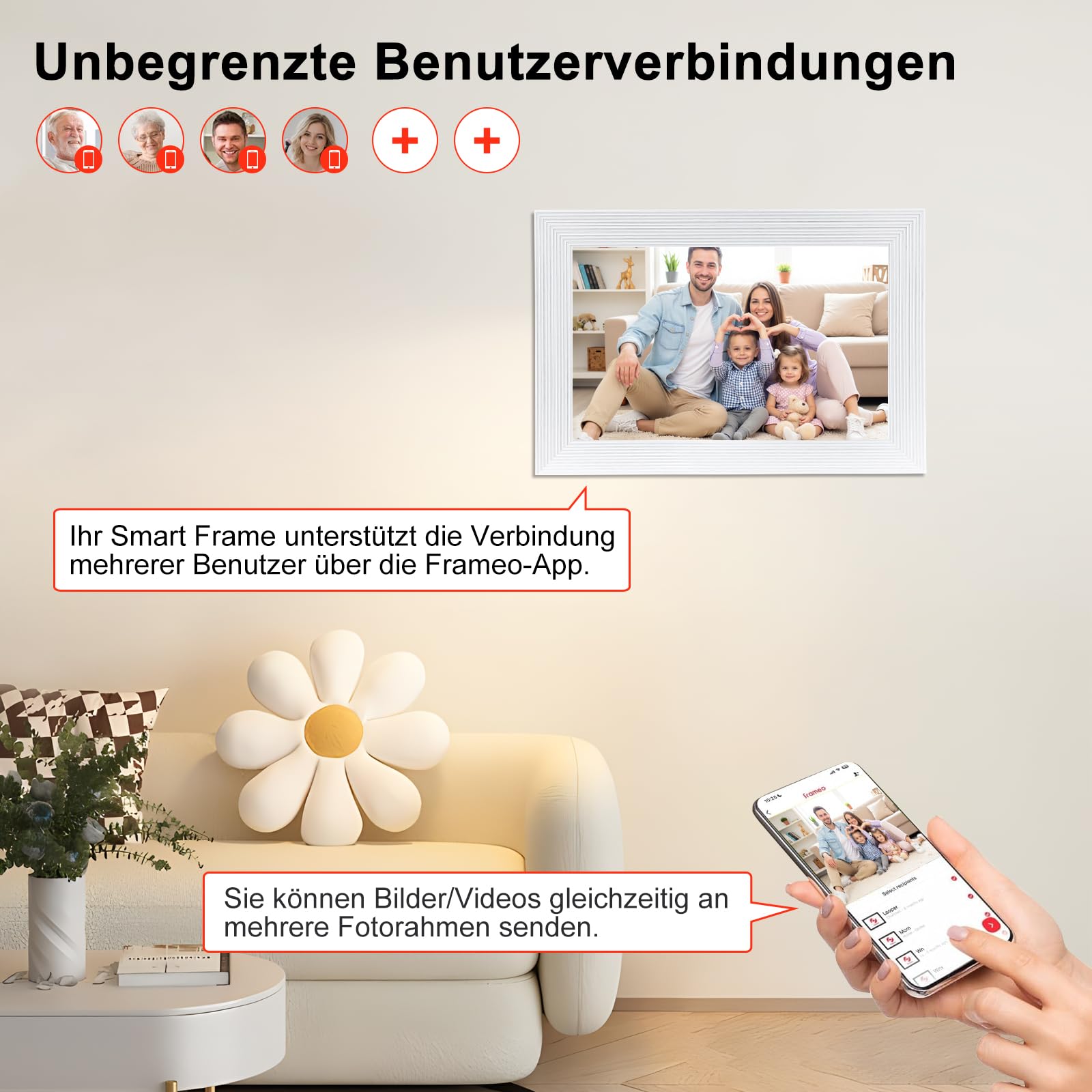 Frameo WLAN Digitaler Bilderrahmen 10.1 Zoll 1280x800 Touchscreen 16 GB Speicher Automatische Drehung Wandmontage weiß