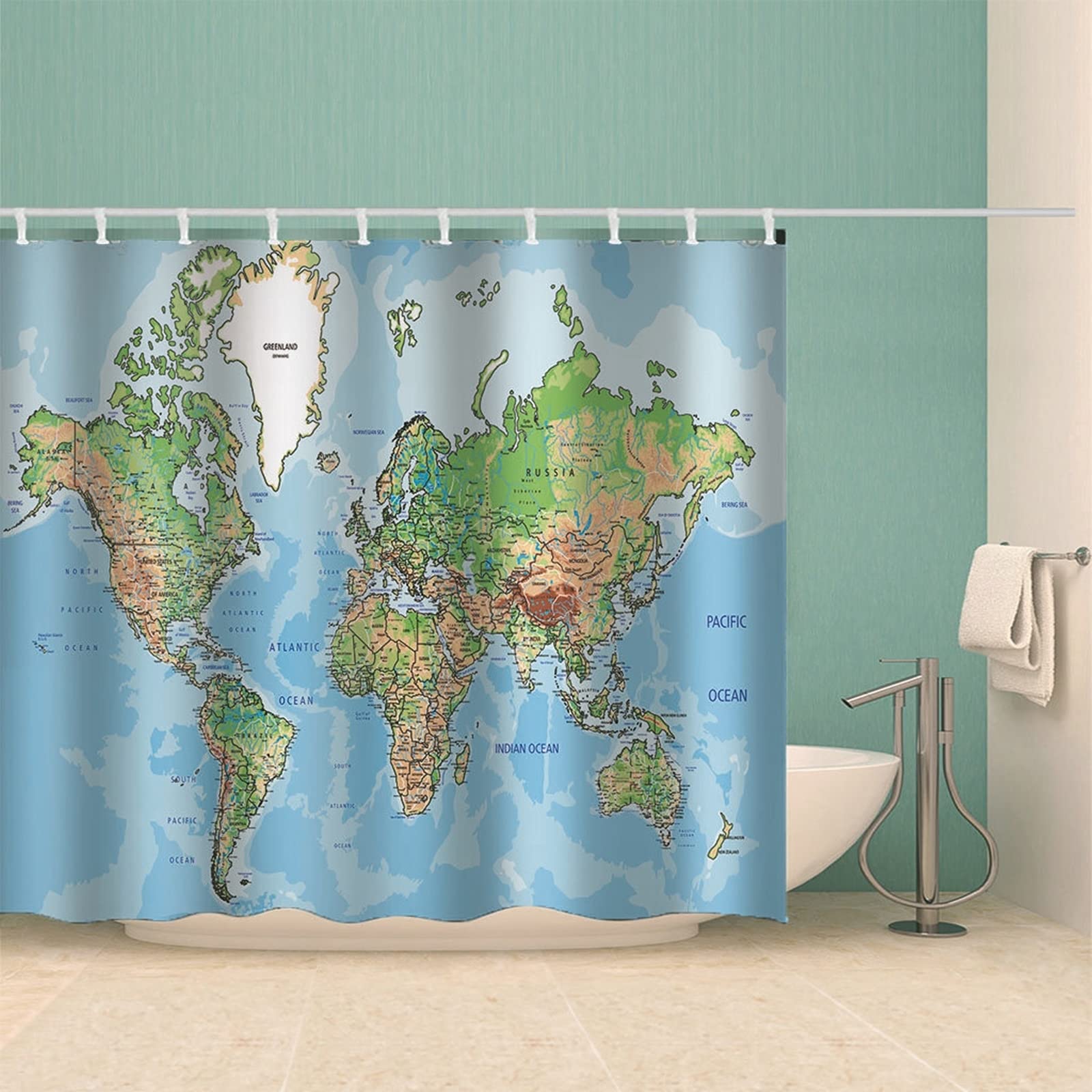 Tenda Doccia Blu Impermeabile & Lavabile Tenda Doccia Tessuto Poliestere con Ganci Tenda Doccia Mappa del Mondo, 150x200cm