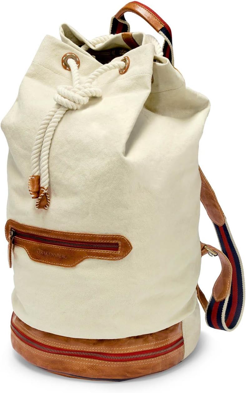 DRAKENSBERG Eastport Duffel Back Pack, Large sea Bag, Rucksack, Luxury Travel Bag, kitbag, Carry-All, Canvas, Italian Cow Leather, Stripes, Preppy-Style, Off-White, Cognac-Brown