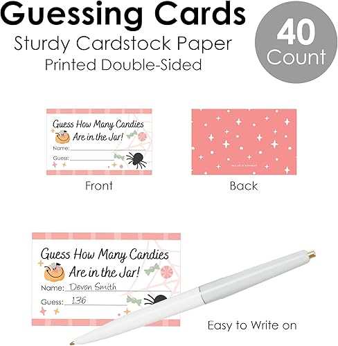 Miniatura 6 de Big Dot of Happiness Pastel Halloween - Juego de fiesta de calabaza rosa cuántos caramelos - 1 soporte y 40 cartas - Juego de adivinanzas de dulces