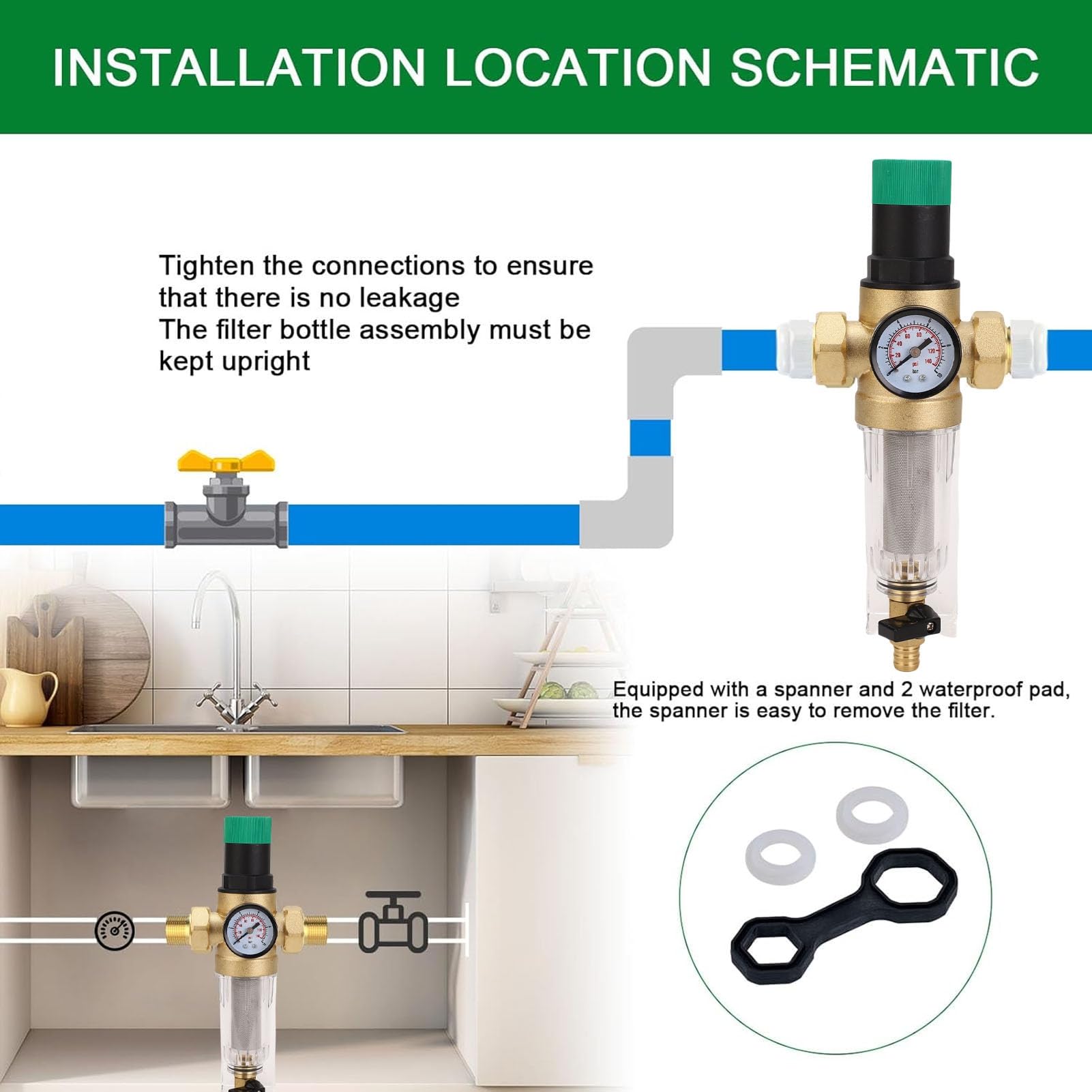 Alomejor Water Pressure Regulator with Meter, 1in Brass | Kompaktowa konstrukcja, trwała mosiężna konstrukcja, łatwy do mycia filtr, dokładna kontrola ciśnienia, domowy system
