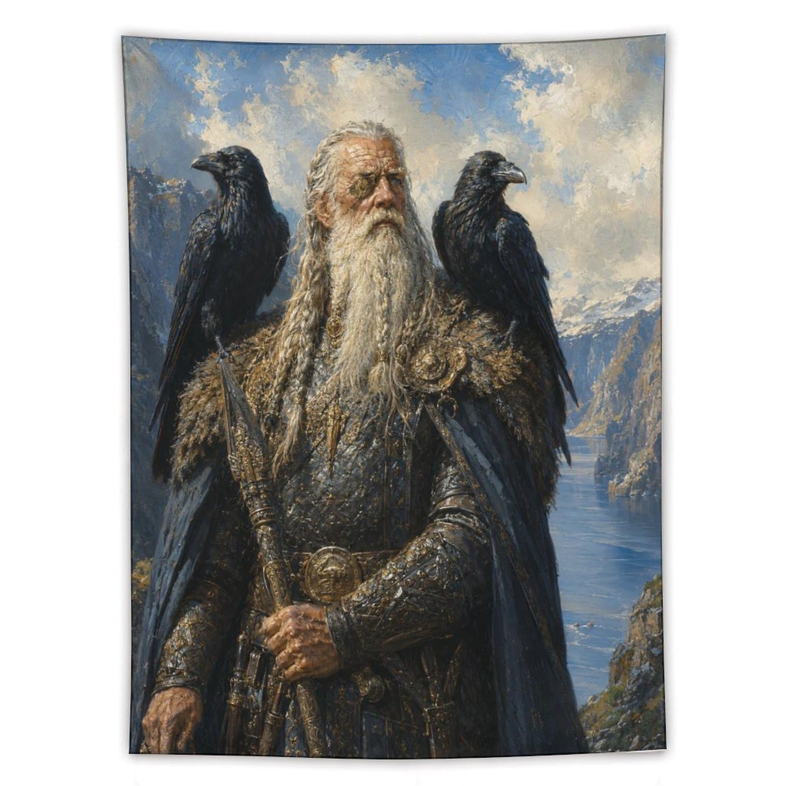 W7C8U2X3 Odin with Ravens Wall Tapestry, Realistic Illustration, Entryway