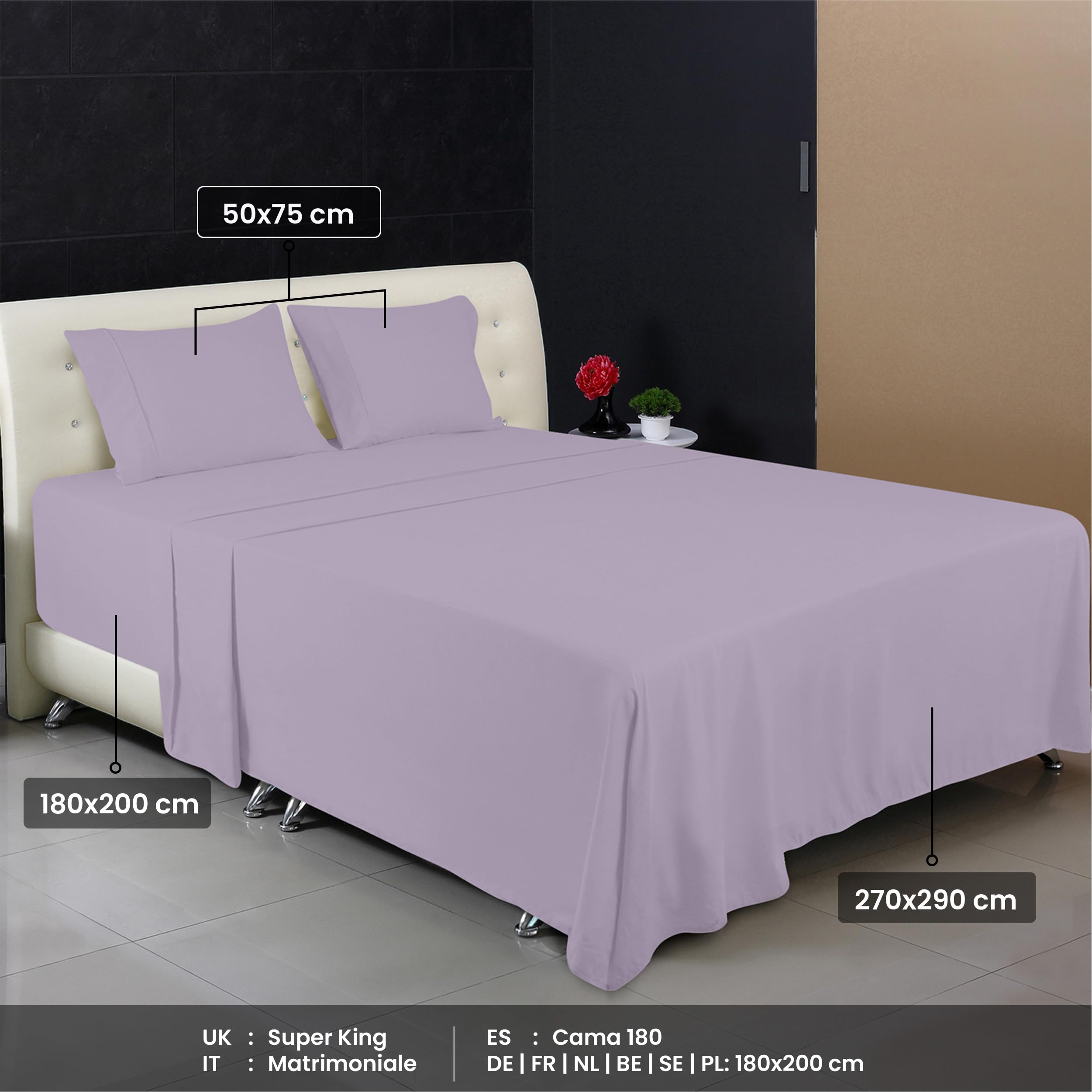 Utopia Bedding - Set Lenzuola Matrimoniali 4 Pezzi 180x200 cm - Set Lenzuola Letto, Spazzolata Poliestre di Microfibra - Lenzuolo con Angoli, Lenzuolo Piatto e 2 Federe 50x75, Lavanda