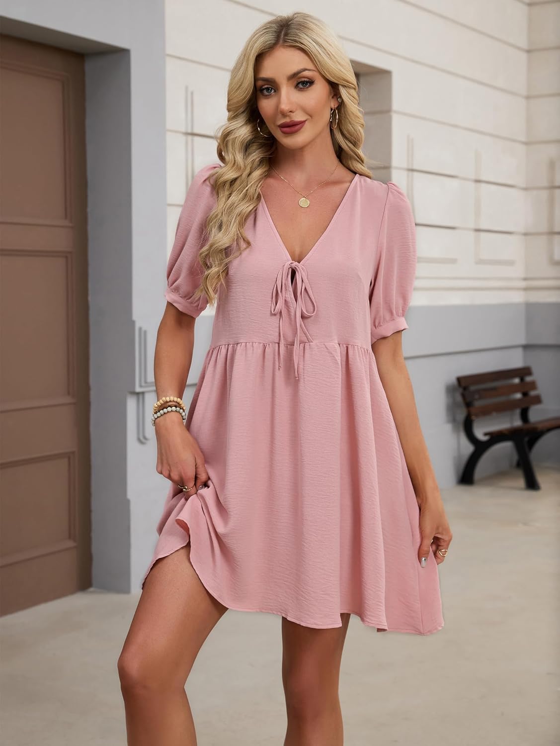 Kikibell Womens Summer Dresses A Line V Neck Tie Front Babydoll Dress with Pockets Flowy Trendy Mini Beach Casual Outfits - Image 3