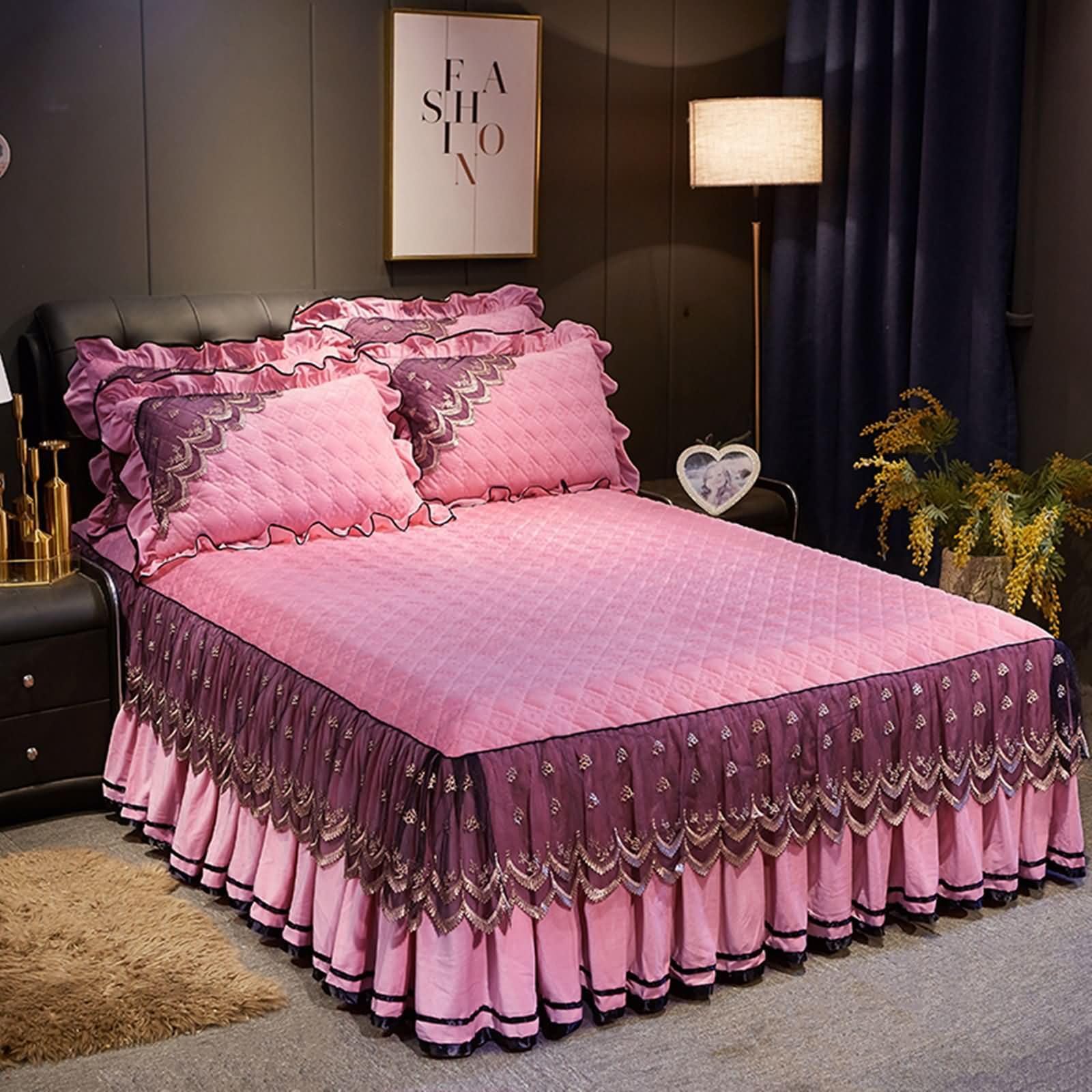 KnSam Lenzuolo con angoli e 2 federe morbide – 180 x 200 cm – rosa, velluto di cristallo, gonna da letto ricamo in pizzo, lenzuolo invernale trapuntato caldo confortevole