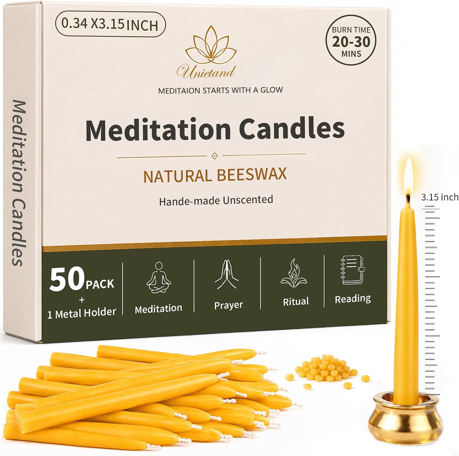 50 Pack Beeswax Meditation Candles, 20 Minute Mini Candles with Holder