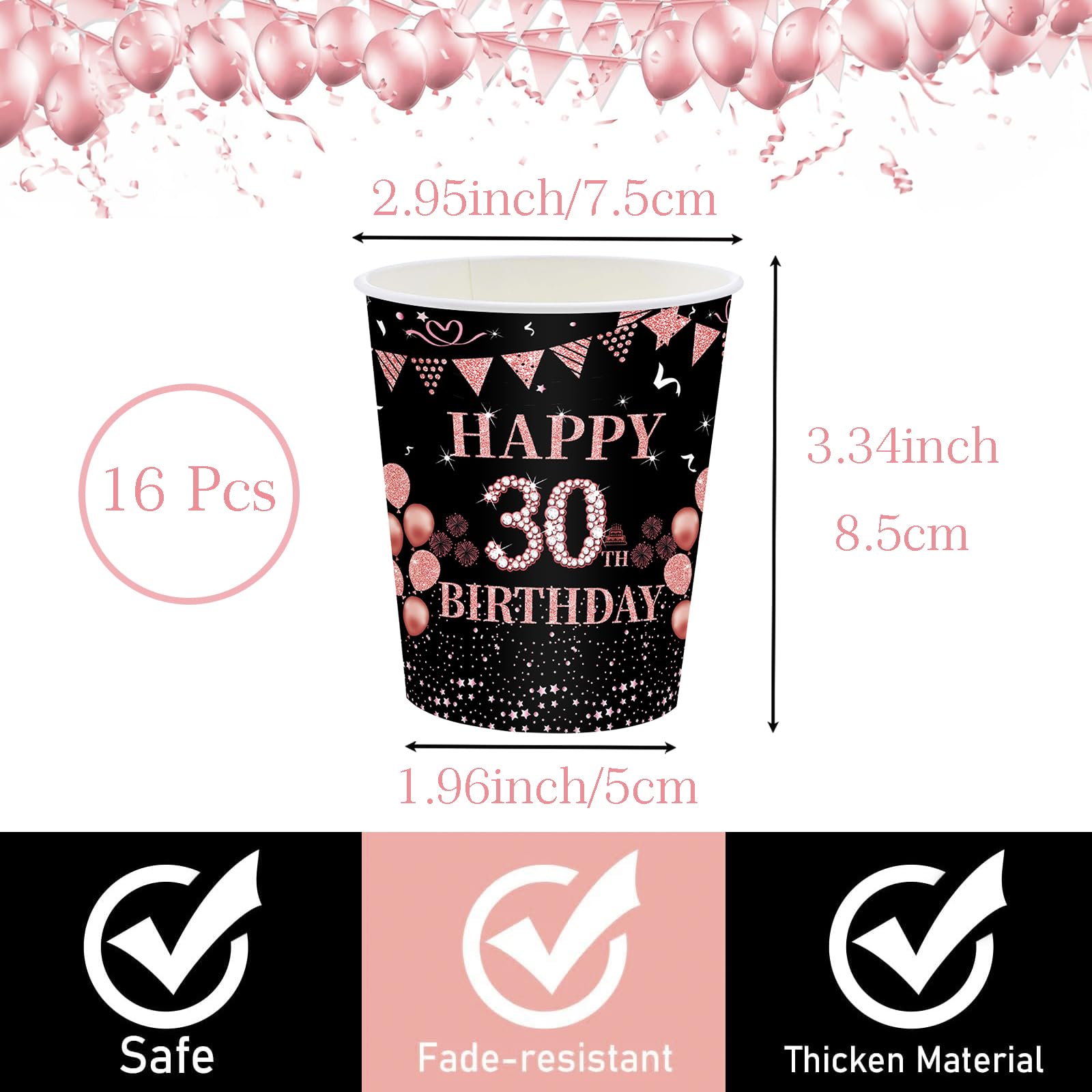 16Pack Paper Cups 30th Birthday,Black Rose and Gold Cups 235ml,Disposable Party Cups Paper Cups Black Rose Gold 30th Birthday Cups Party Tableware for Women,Kids,Her 30th Birthday Party Supplies Table