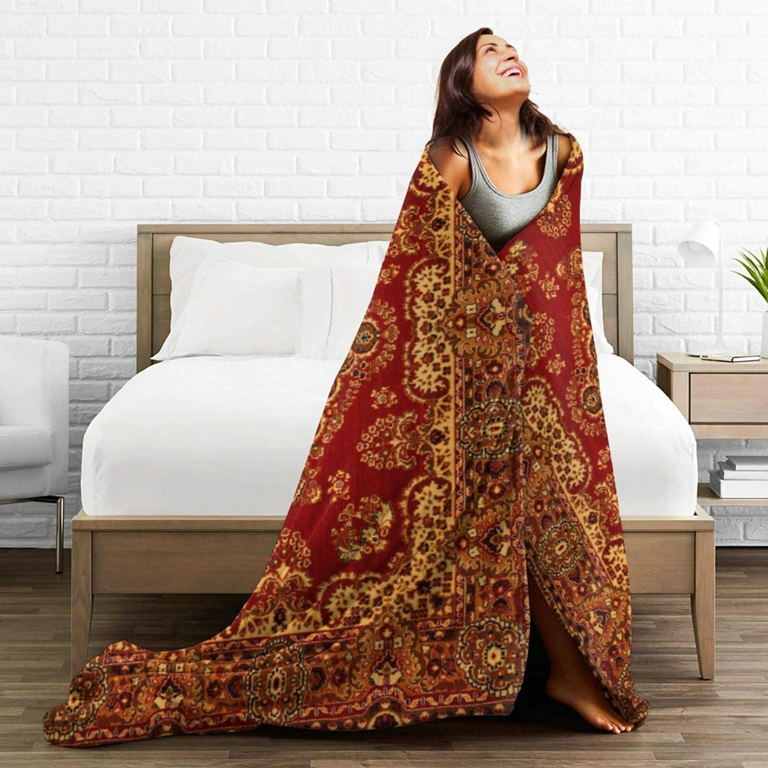 HGOD DESIGNS Vintage Retro Boho Teppich Fleece Überwurf Decke Ultra Weich Gemütlich Blühende Dekorative Flanelldecke Ganzjahresdecke für Zuhause Couch Bett Stuhl Reisen 130 x 150 cm
