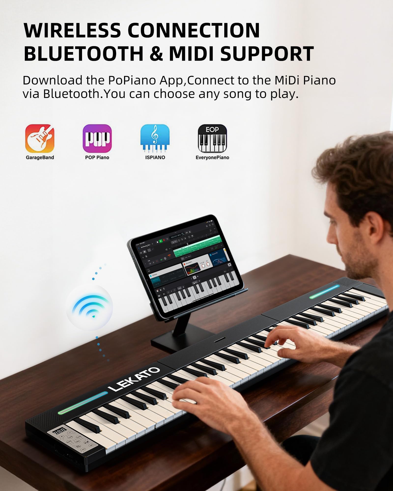 LEKATO Tragbares Piano Keyboard 88 Tasten, Magnetisch Faltbar E-Piano, 128 Sounds 128 Rhythmen Bluetooth MIDI Split Aufnahme, für Anfänger Reise Home