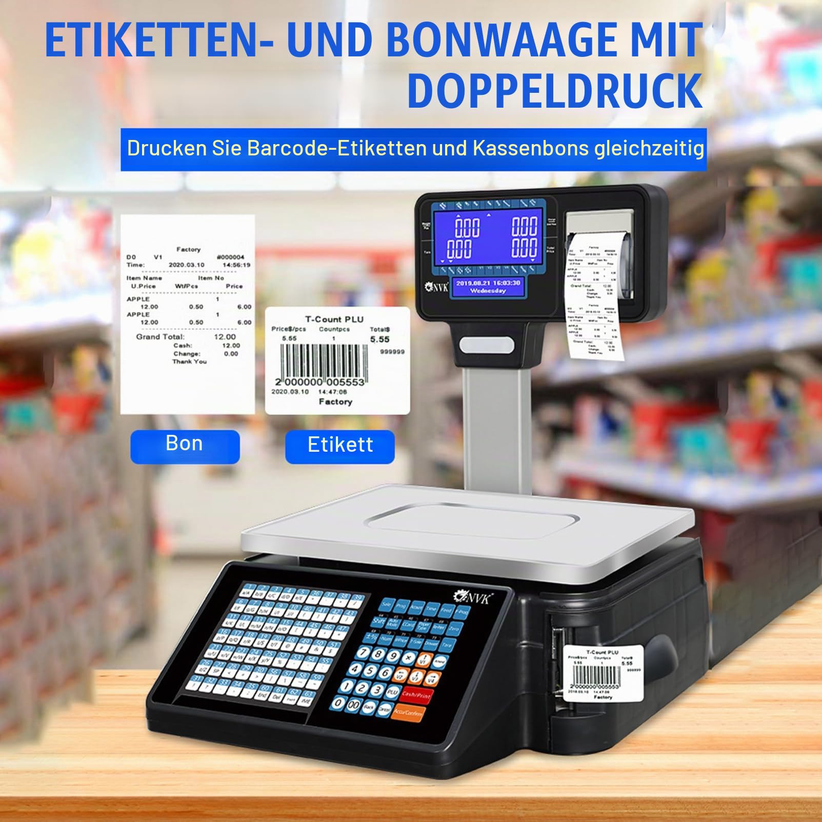 Digitale Kommerzielle Preiswaage, Elektronische Registrierkassenwaage für Obst im Supermarkt mit Etikettendrucker, 66 LB, Digitale Waage, Preisberechnung, Feinkost,Machine