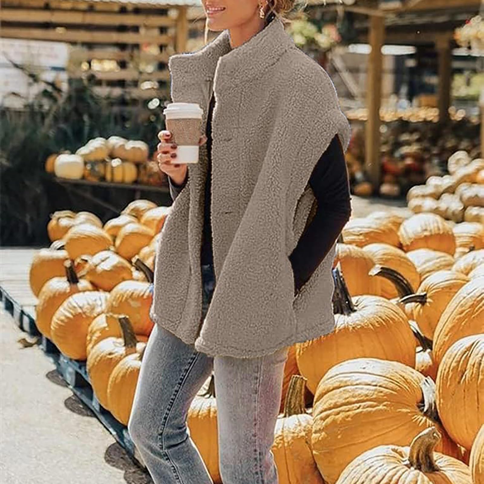 FUPODD Fleece Weste Für Damen Winter Leicht Teddy Damen-Westen Elegant Knöpfe Fleeceweste Ärmellos Plüschweste Einfarbig Flauschig Teddyfleece Longweste Taschen Plüsch Teddywesten Frauen Kuschelig