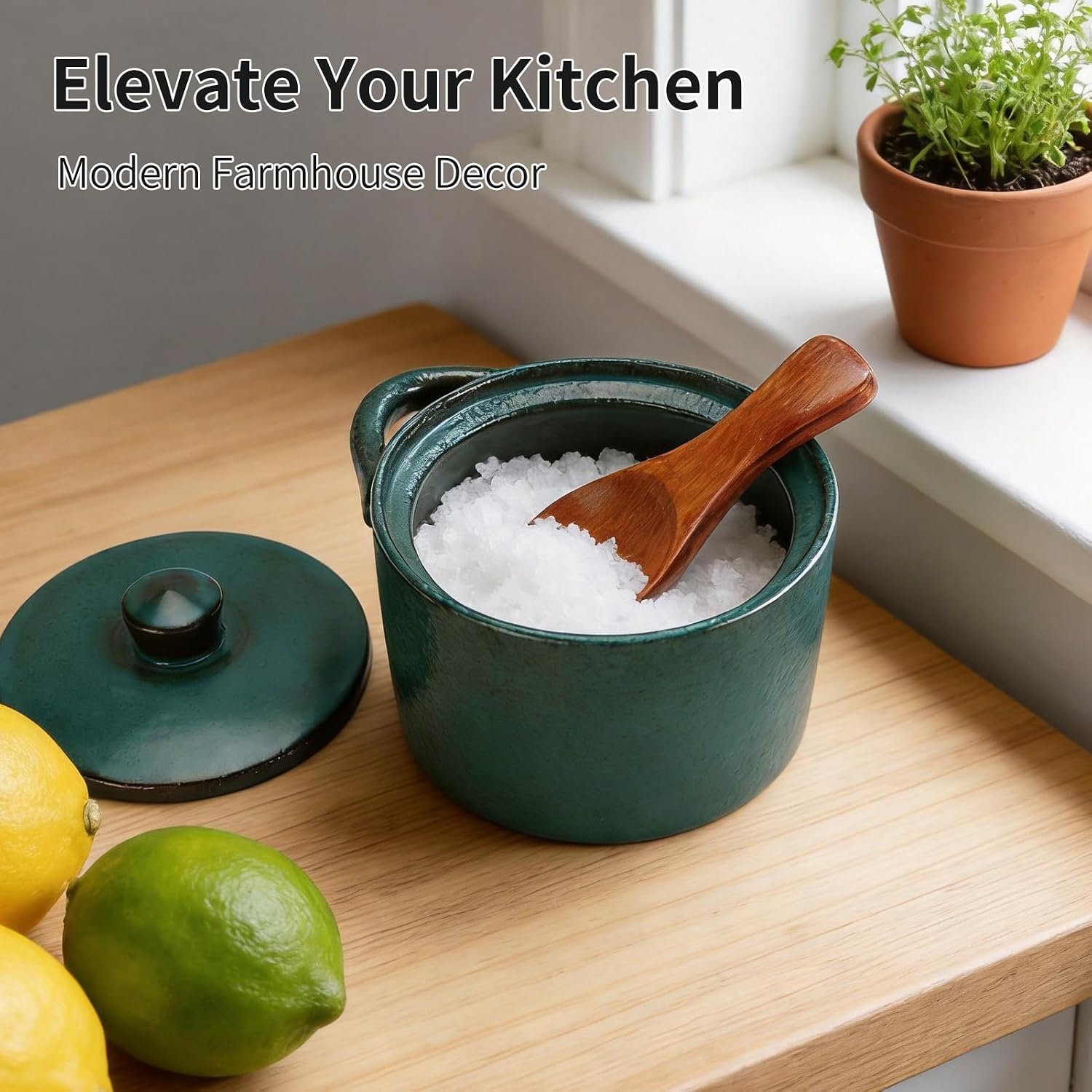 Ronyes Salt Container for Kitchen Counter, 8 oz Ceramic Salt Cellar with Spoon and Lid, Moisture-Proof Salt Box with One-Handed Operation Flip Top for Kitchen (Green)
