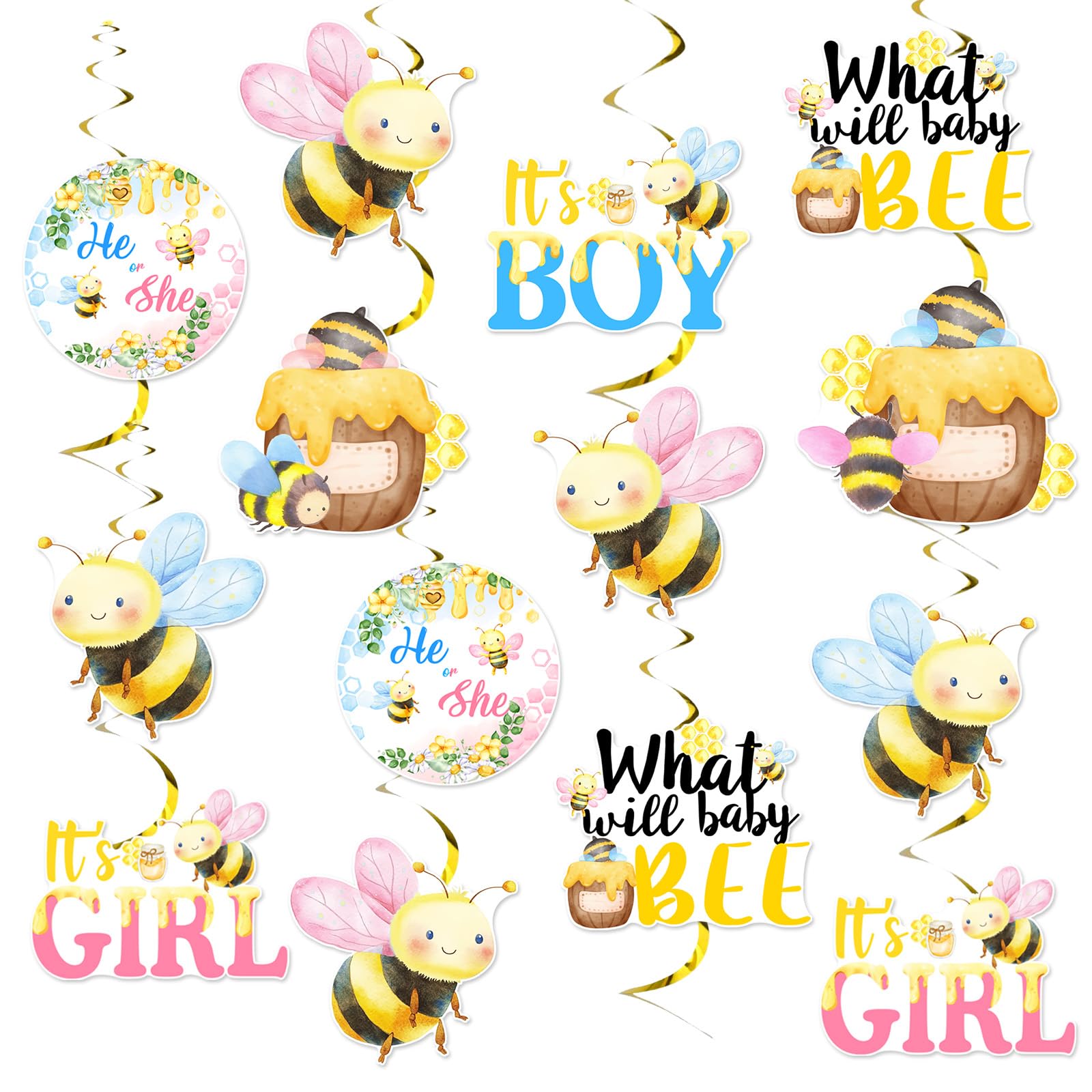 What Will Baby Bee Gender Reveal Decorations Bee Gender Reveal Decor 24pcs Bee Themed Hanging Swirls Streamers Bumble Bee Honey Hanging Decors It’s Boy It’s Girl He Or She Baby Shower Party Supplies