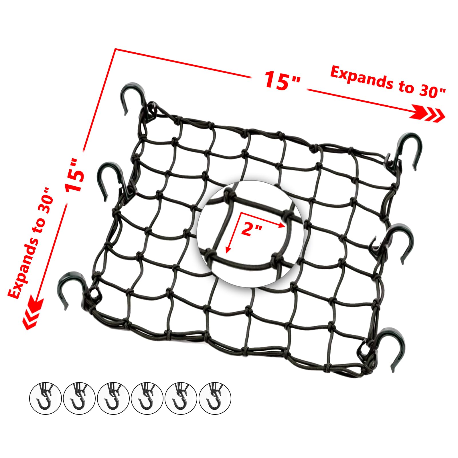 Kleines Gepäcknetz mit 6 dicken Haken, 38,1 x 38,1 cm dehnt sich auf 76,2 x 76,2 cm, 2 Stück Helmnetz mit 5,1 x 5,1 cm kleinem Netz für Motorrad, Fahrrad, Brett