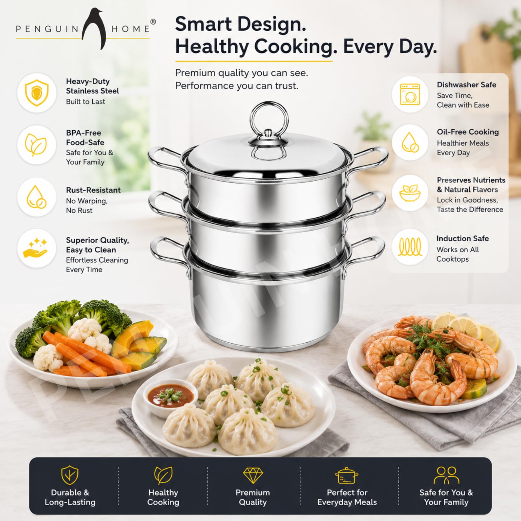 Penguin Home® Set per cottura a vapore a 3 livelli 3 litri 20 cm | Cassaforte a induzione | Piroscafo per alimenti a tre livelli in acciaio inossidabile |Piroscafo da cucina per cucinare |